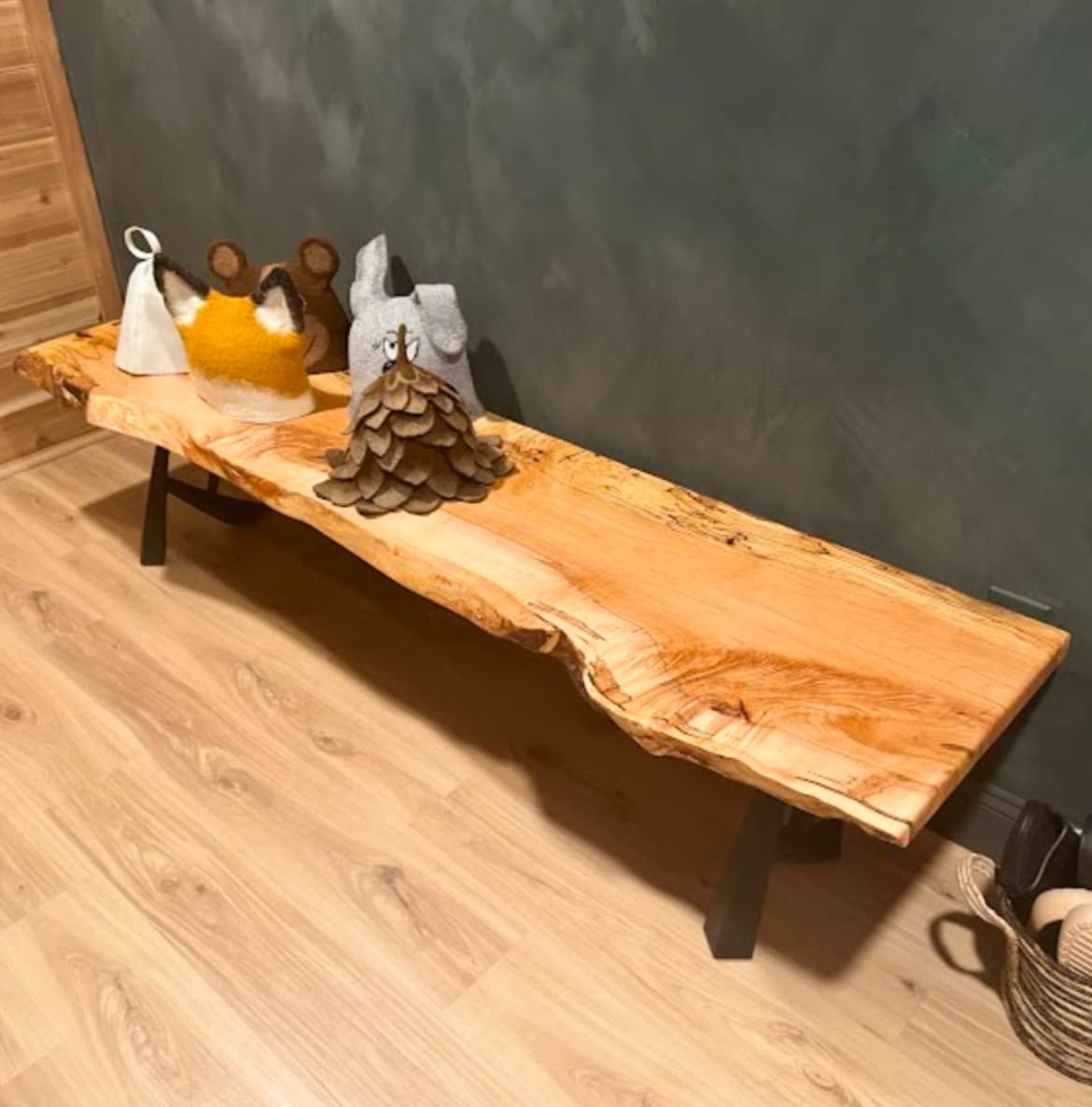 Live Edge Bench With X Legs In Entryway | Tougas Timberworks Monroe CT