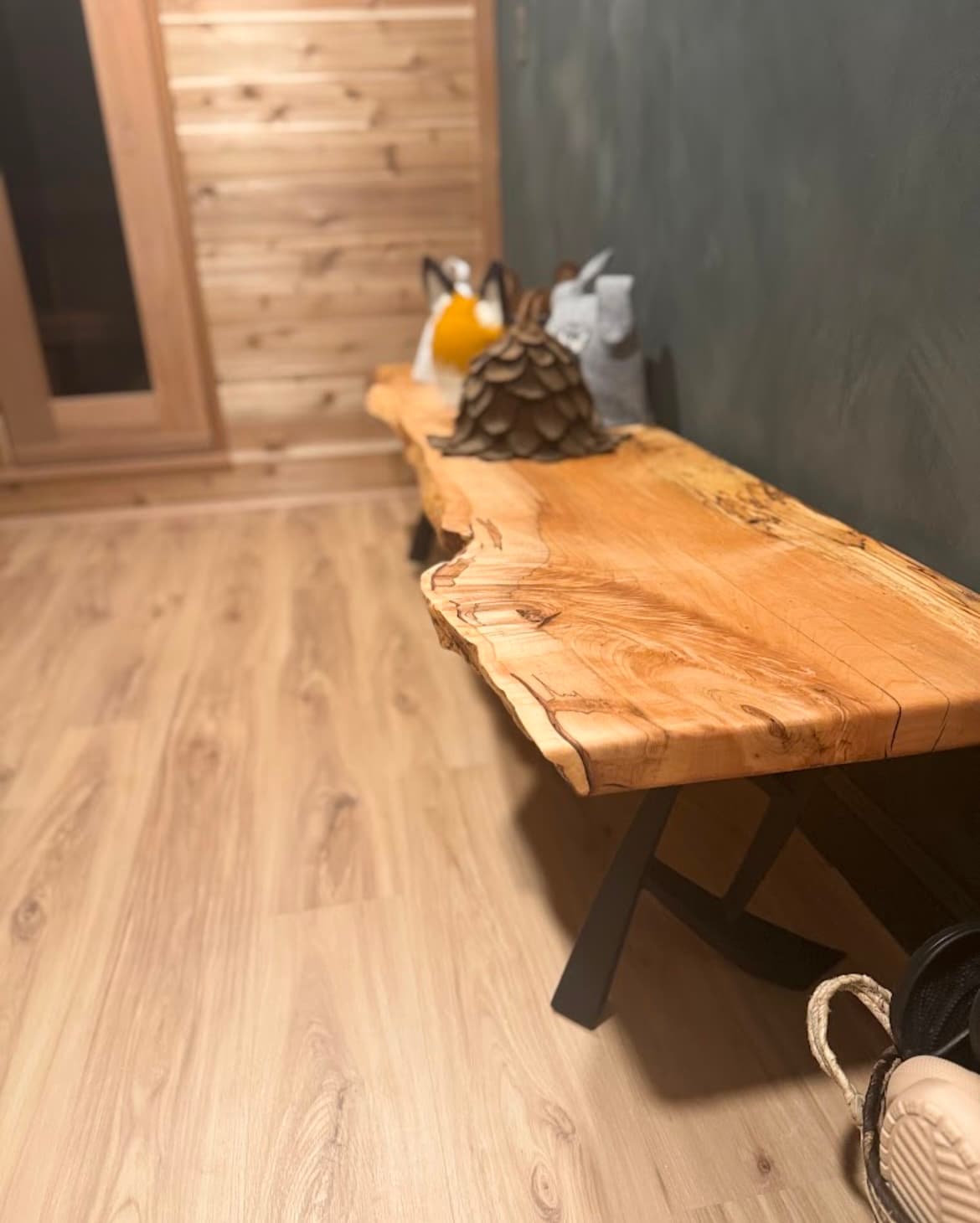Live Edge Bench With X Legs In Entryway | Tougas Timberworks Monroe CT