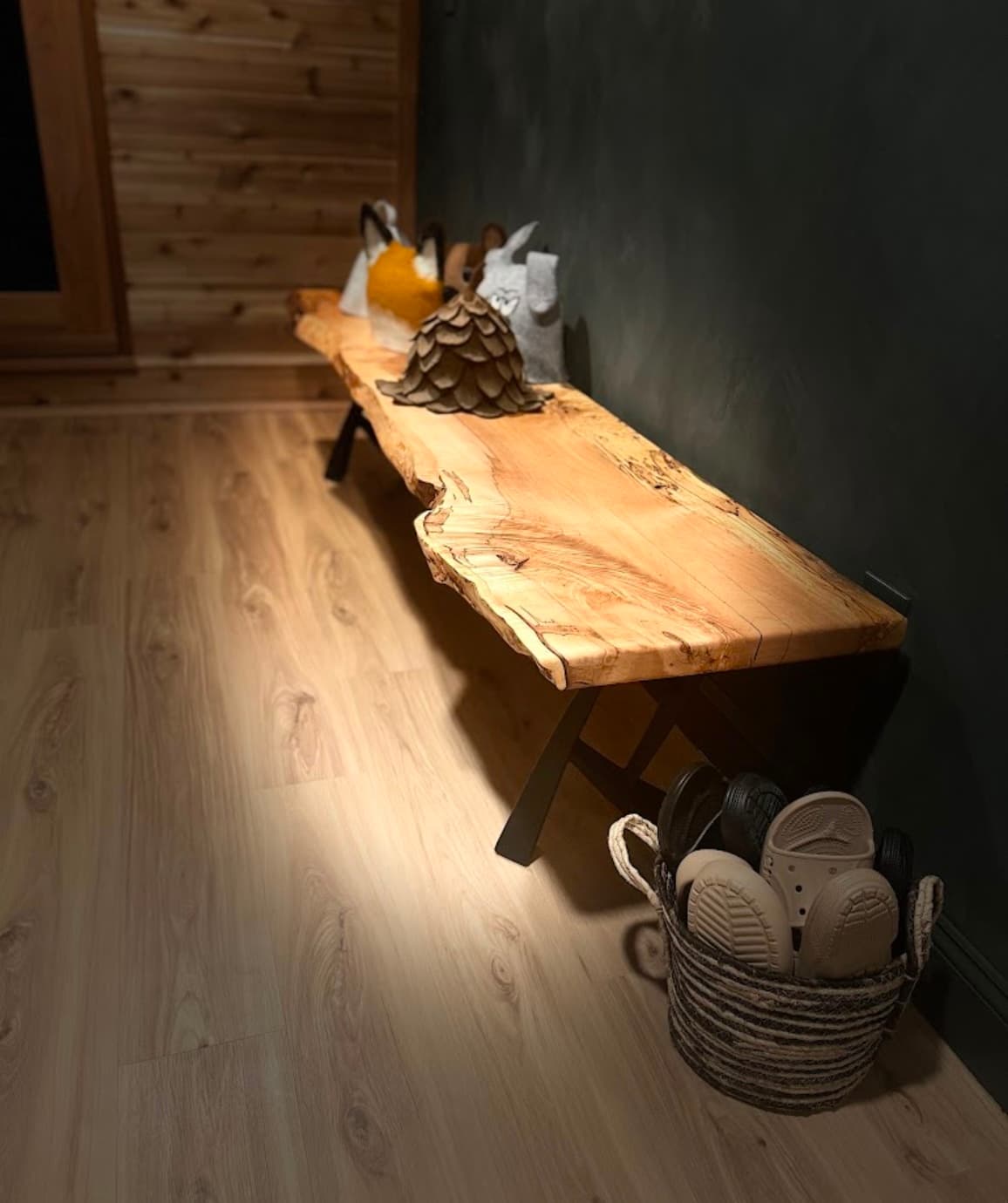 Live Edge Bench With X Legs In Entryway | Tougas Timberworks Monroe CT