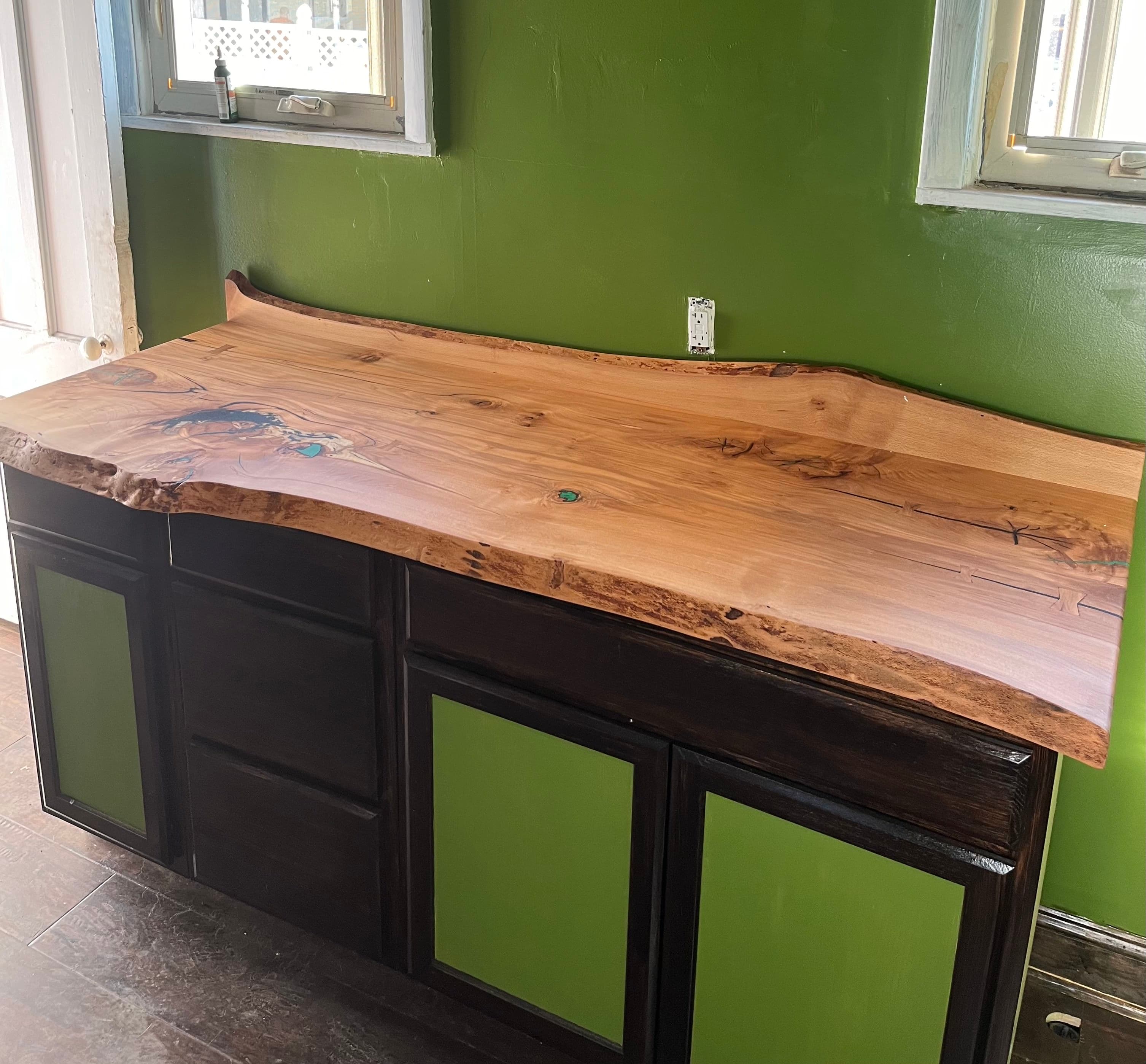 Live Edge Countertop On Dark Cabinets Green Wall | Tougas Timberworks Monroe CT