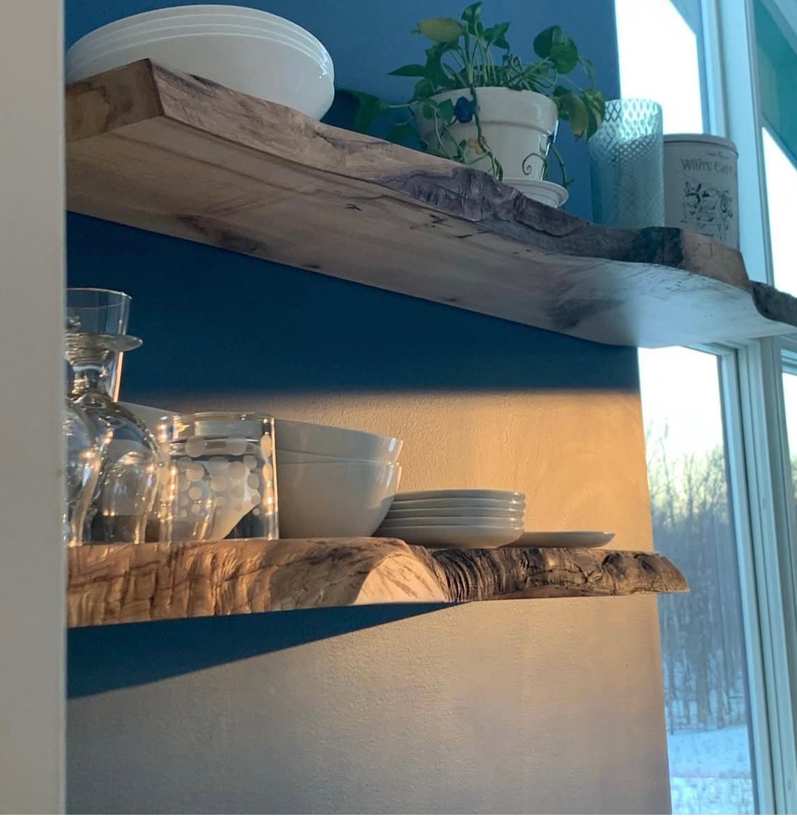 Live edge floating shelves mounted in a kitchen with no visible brackets