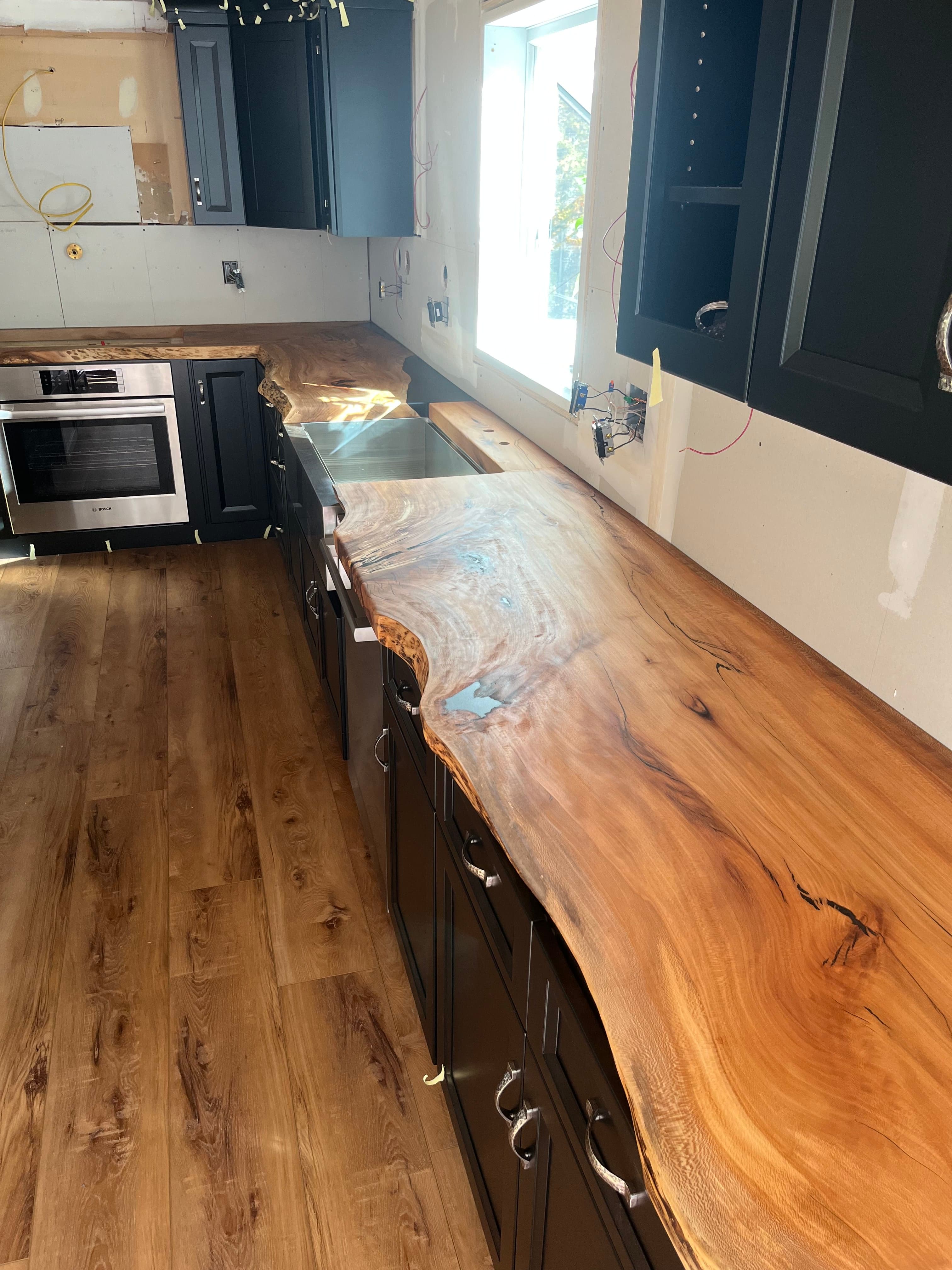 Live Edge Kitchen Countertop Black Cabinets Install | Tougas Timberworks Monroe CT