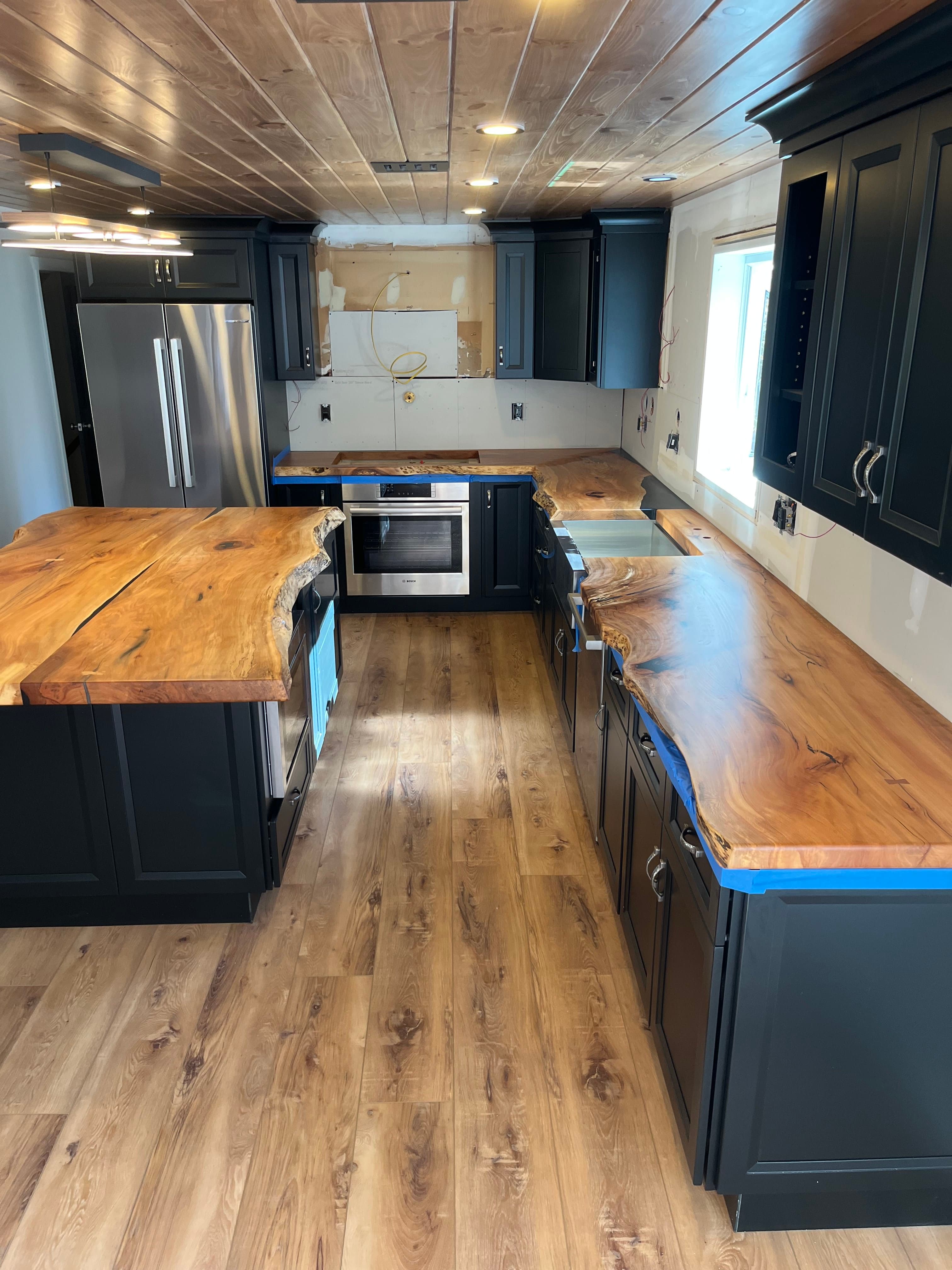 Live Edge Kitchen Countertop Black Cabinets Install | Tougas Timberworks Monroe CT