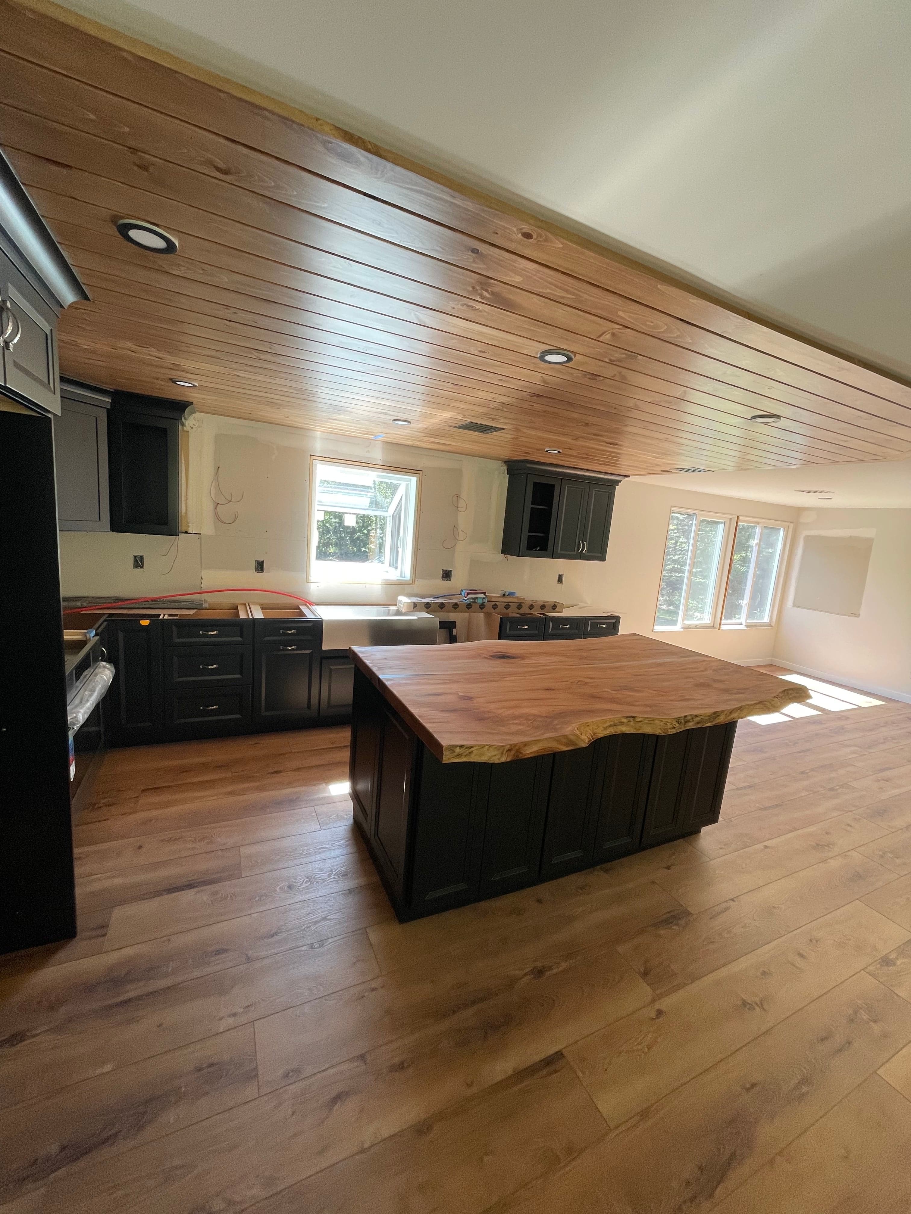 Live Edge Kitchen Countertop Black Cabinets Wide View | Tougas Timberworks Monroe CT