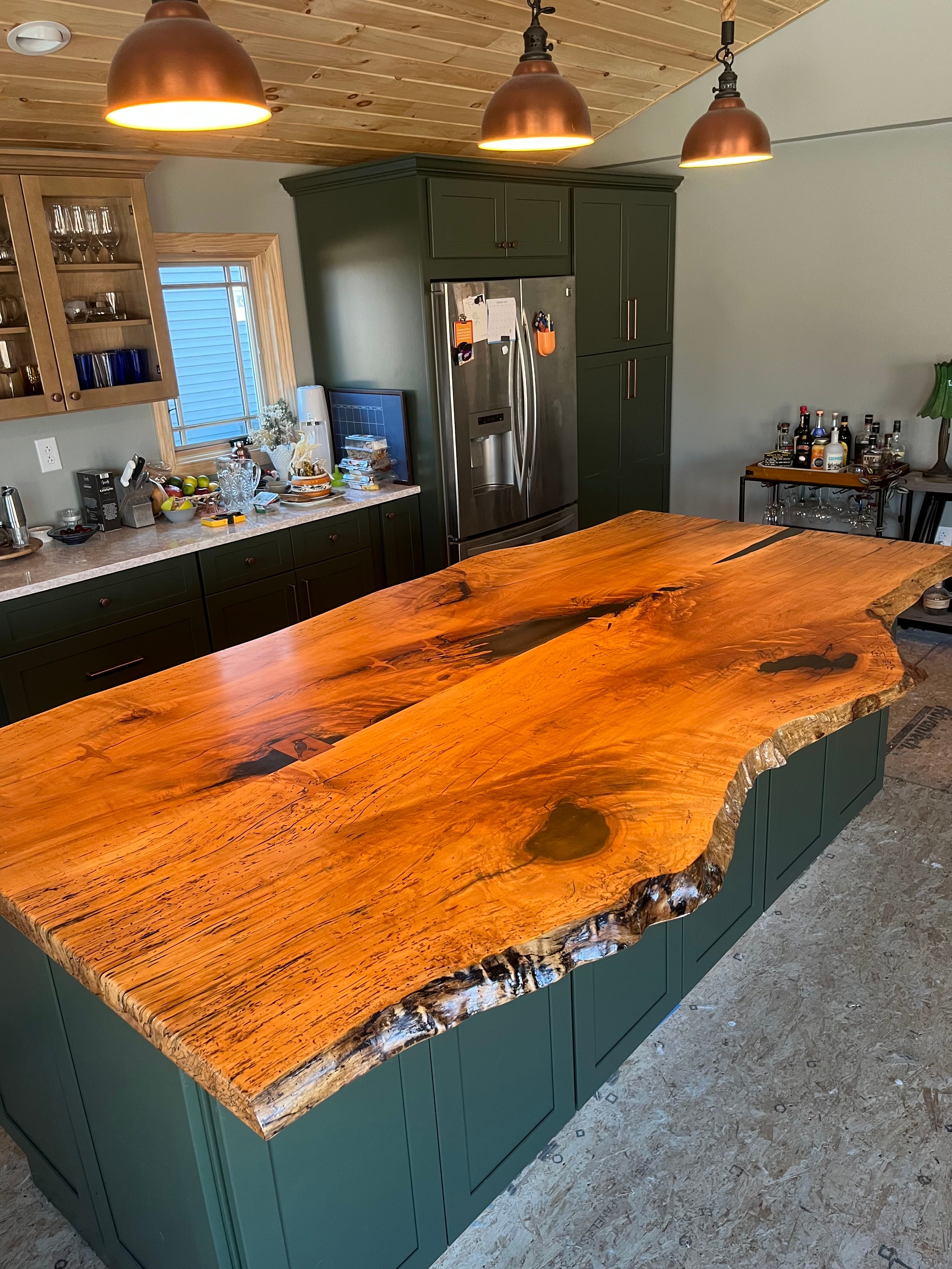 Live Edge Kitchen Island Green Cabinets | Tougas Timberworks Monroe CT