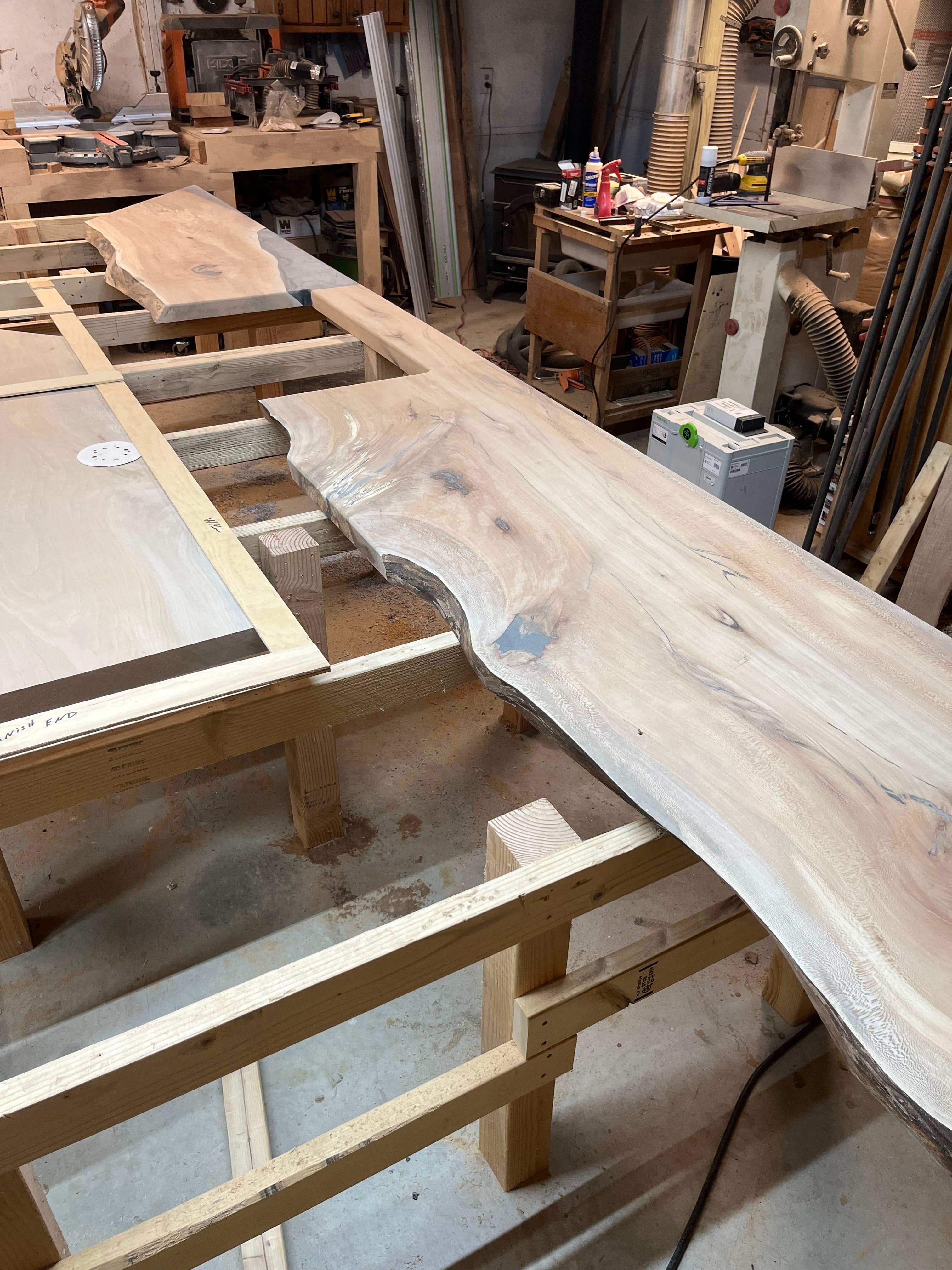 Live Edge Slab Elevated On Frame In Shop | Tougas Timberworks Monroe CT