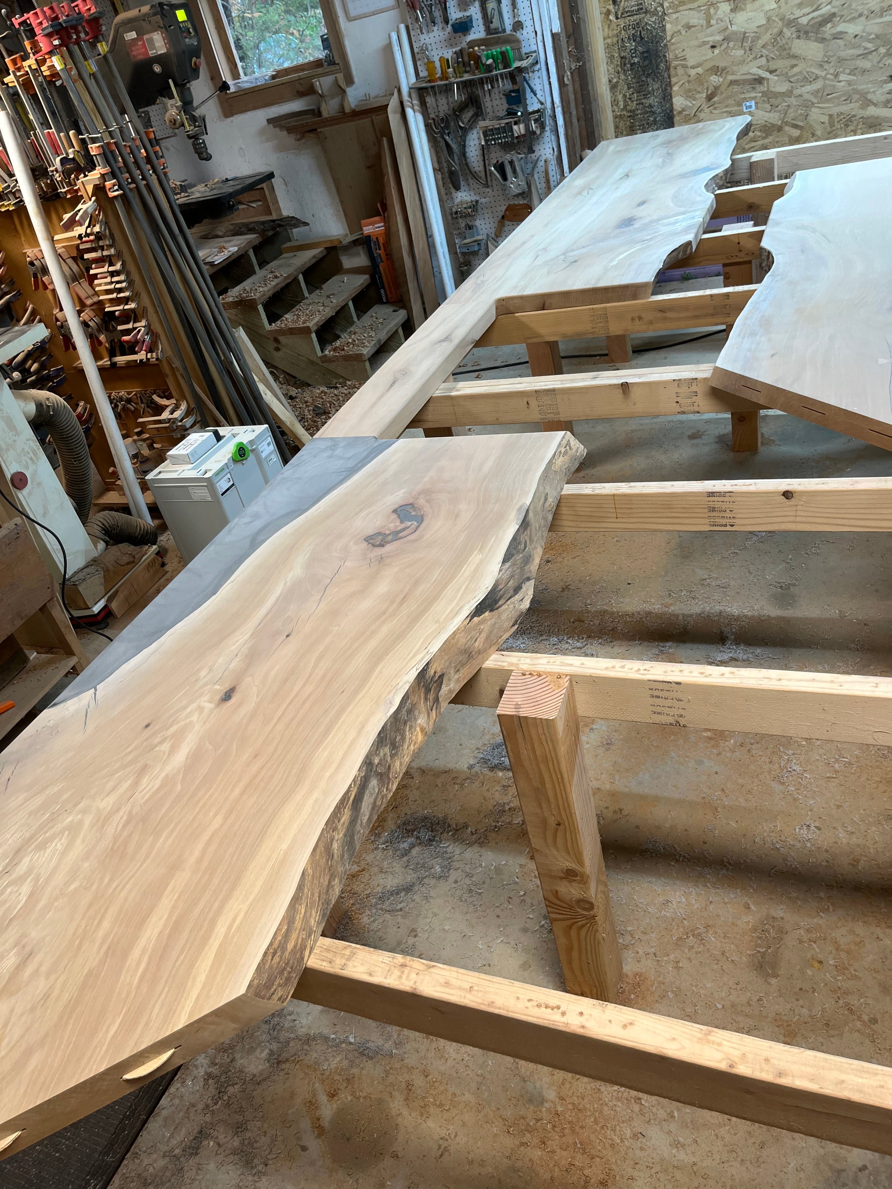 Live Edge Slab Elevated On Frame In Shop | Tougas Timberworks Monroe CT