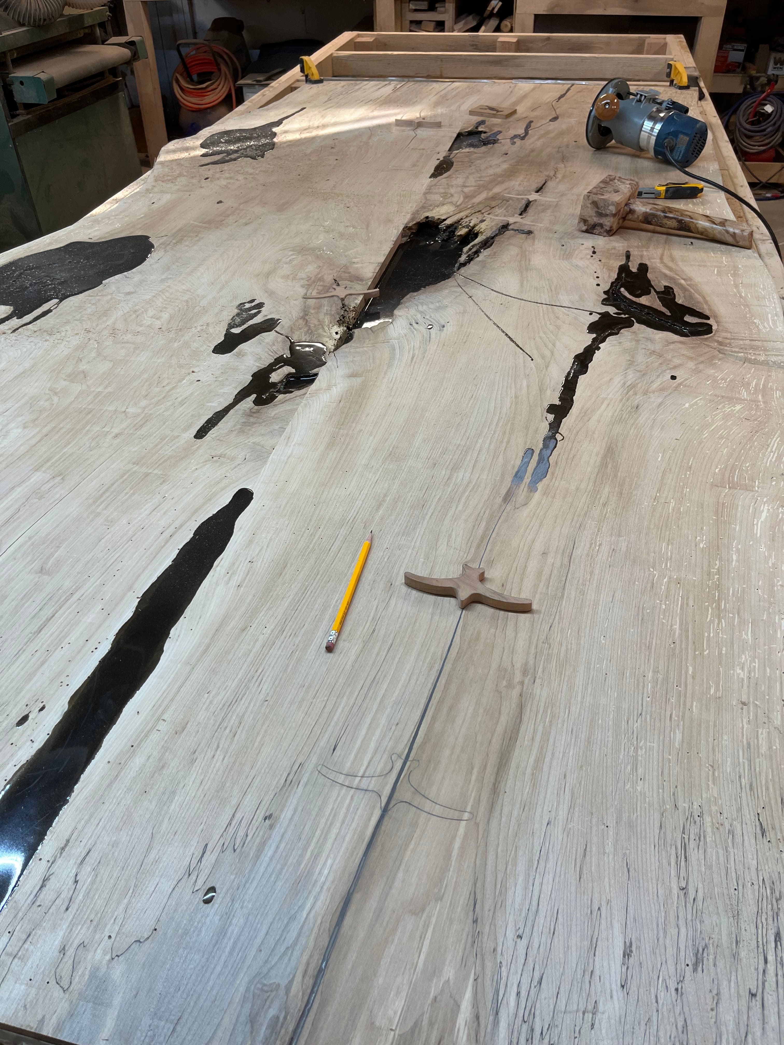 Live Edge Slab On Frame In Shop | Tougas Timberworks Monroe CT
