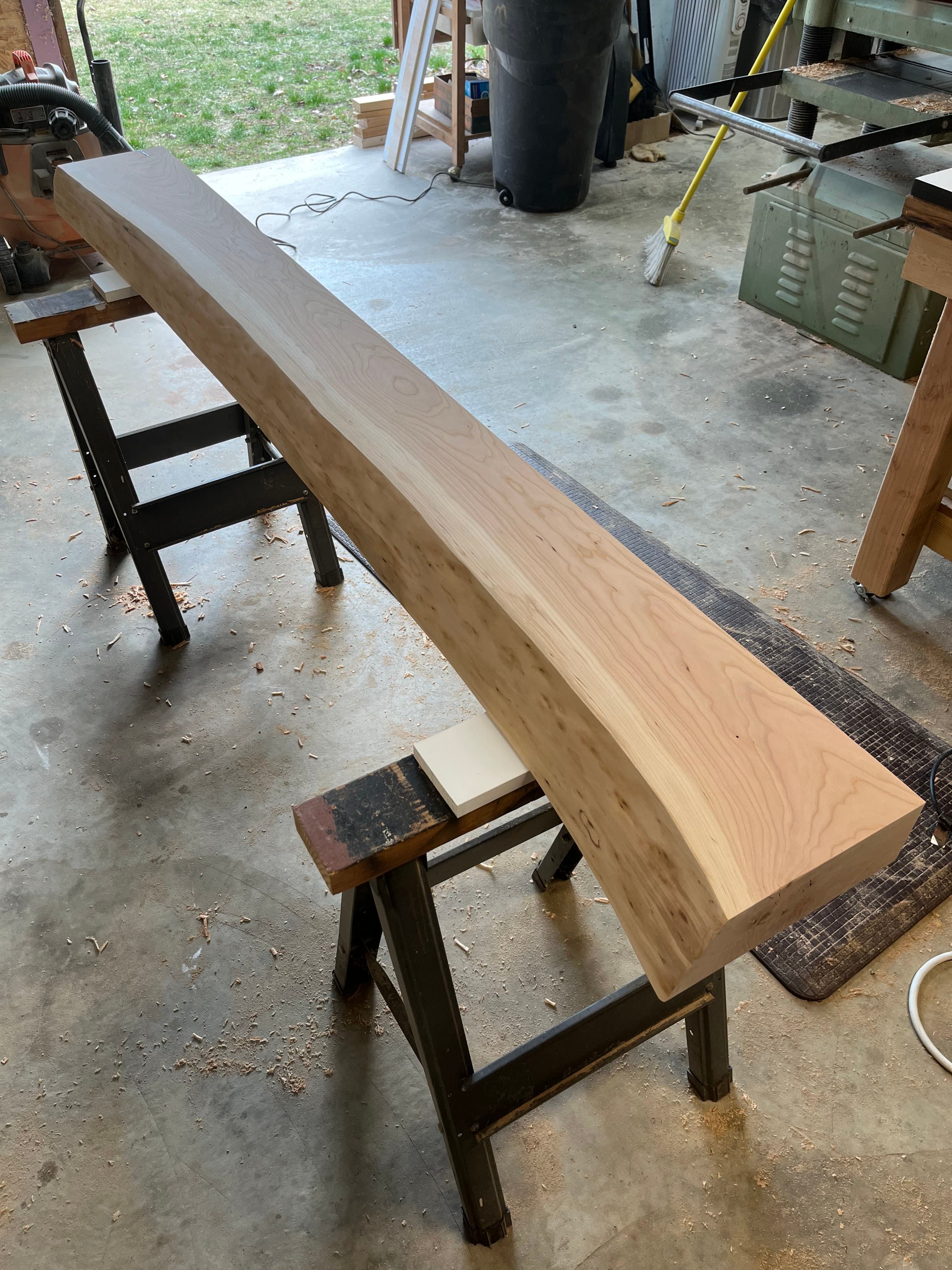 Live Edge Slab On Sawhorses In Shop | Tougas Timberworks Monroe CT