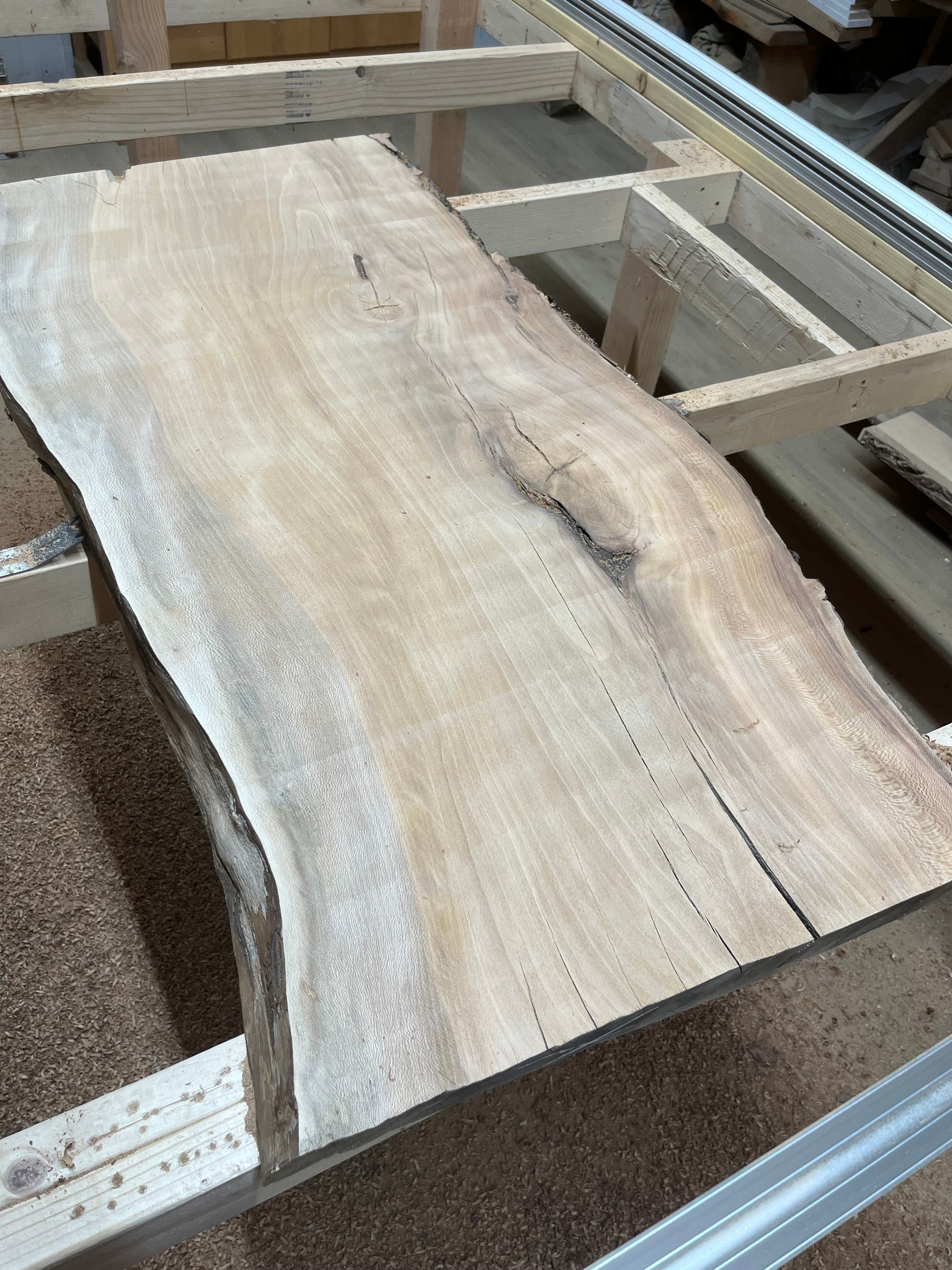 Live Edge Slab On Sawhorses In Shop | Tougas Timberworks Monroe CT