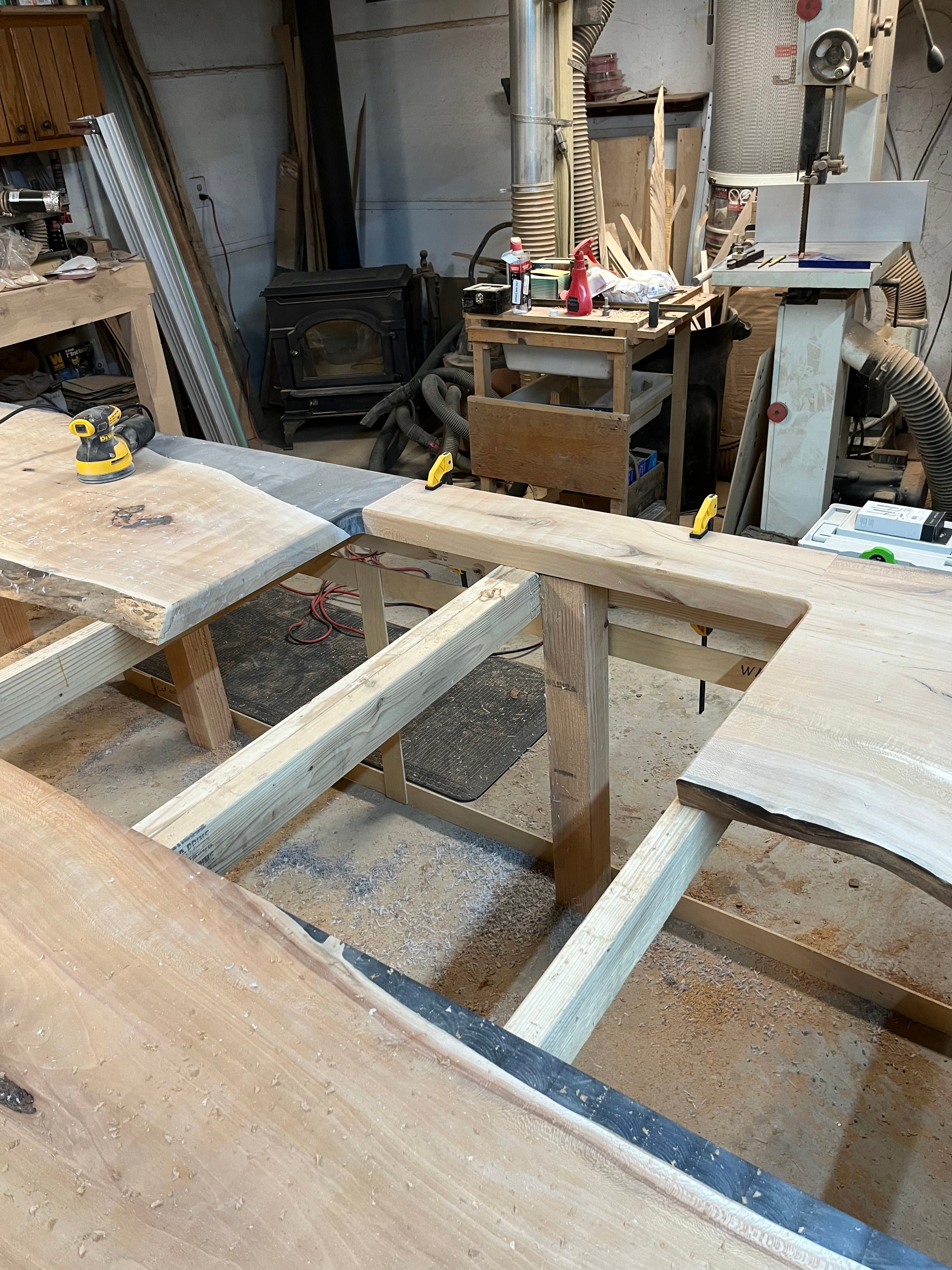 Live Edge Slab On Sawhorses In Shop | Tougas Timberworks Monroe CT