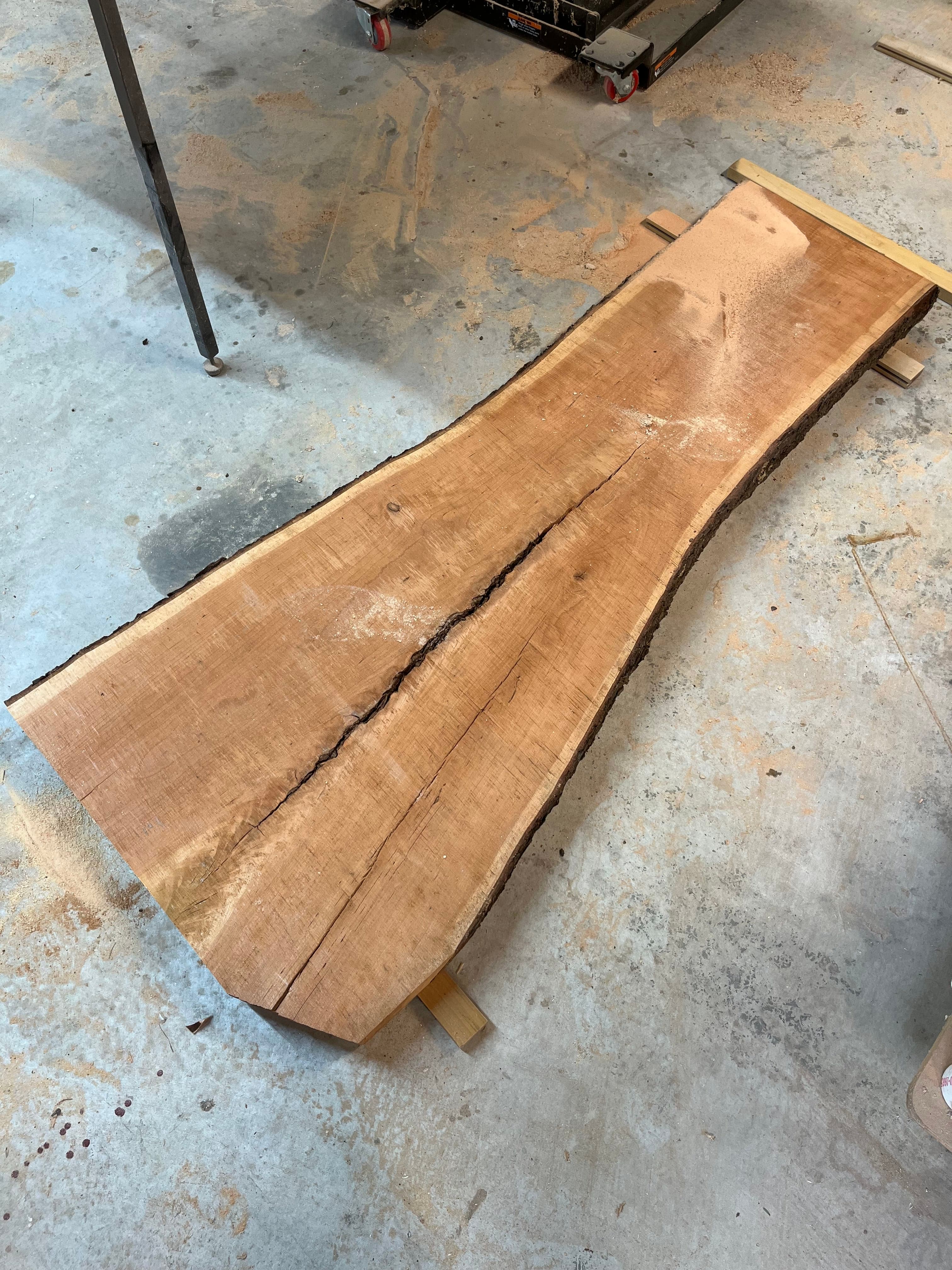 Live Edge Slab On Shop Floor Top View | Tougas Timberworks Monroe CT