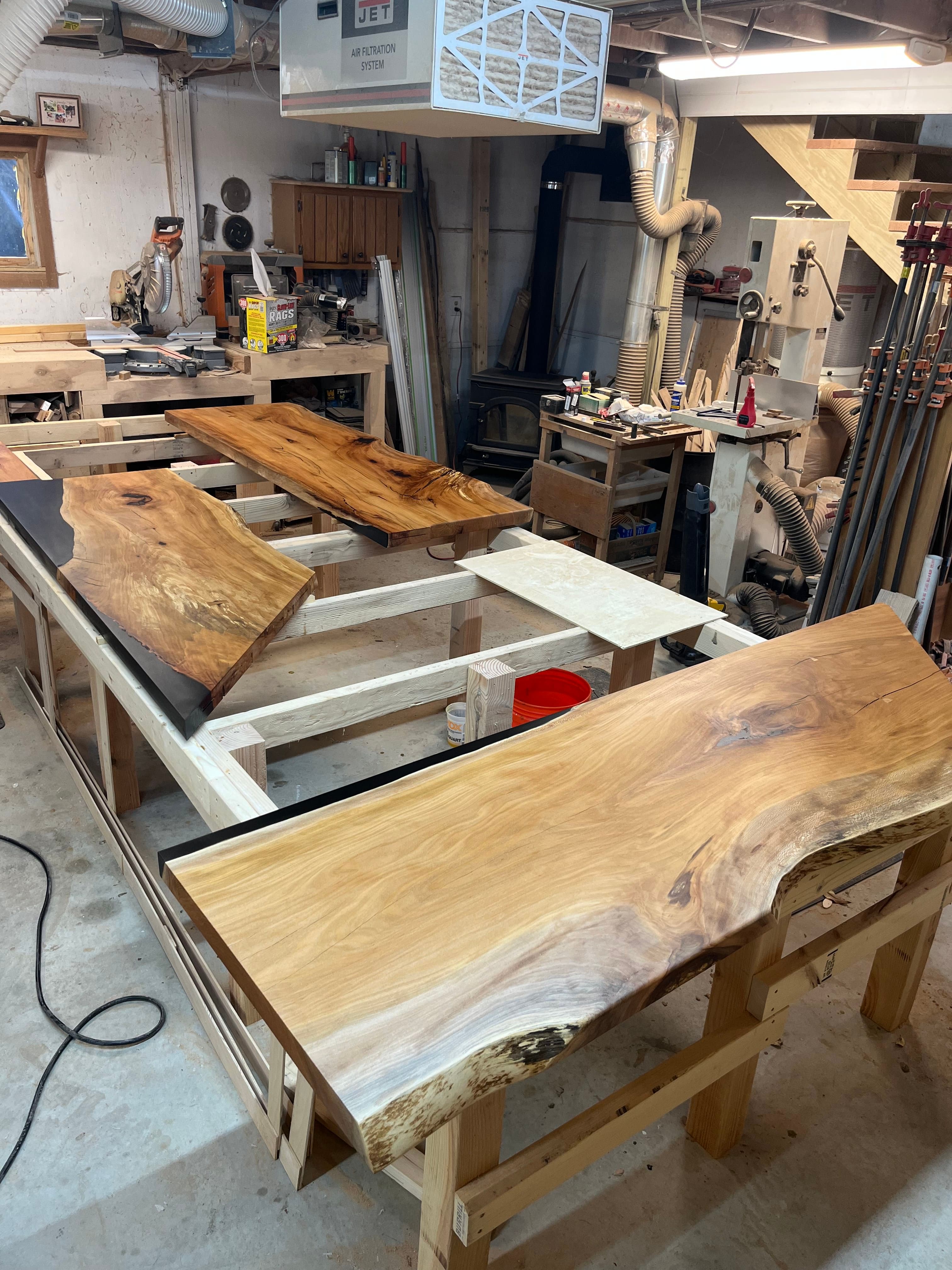 Live Edge Slab On Workbench In Shop | Tougas Timberworks Monroe CT