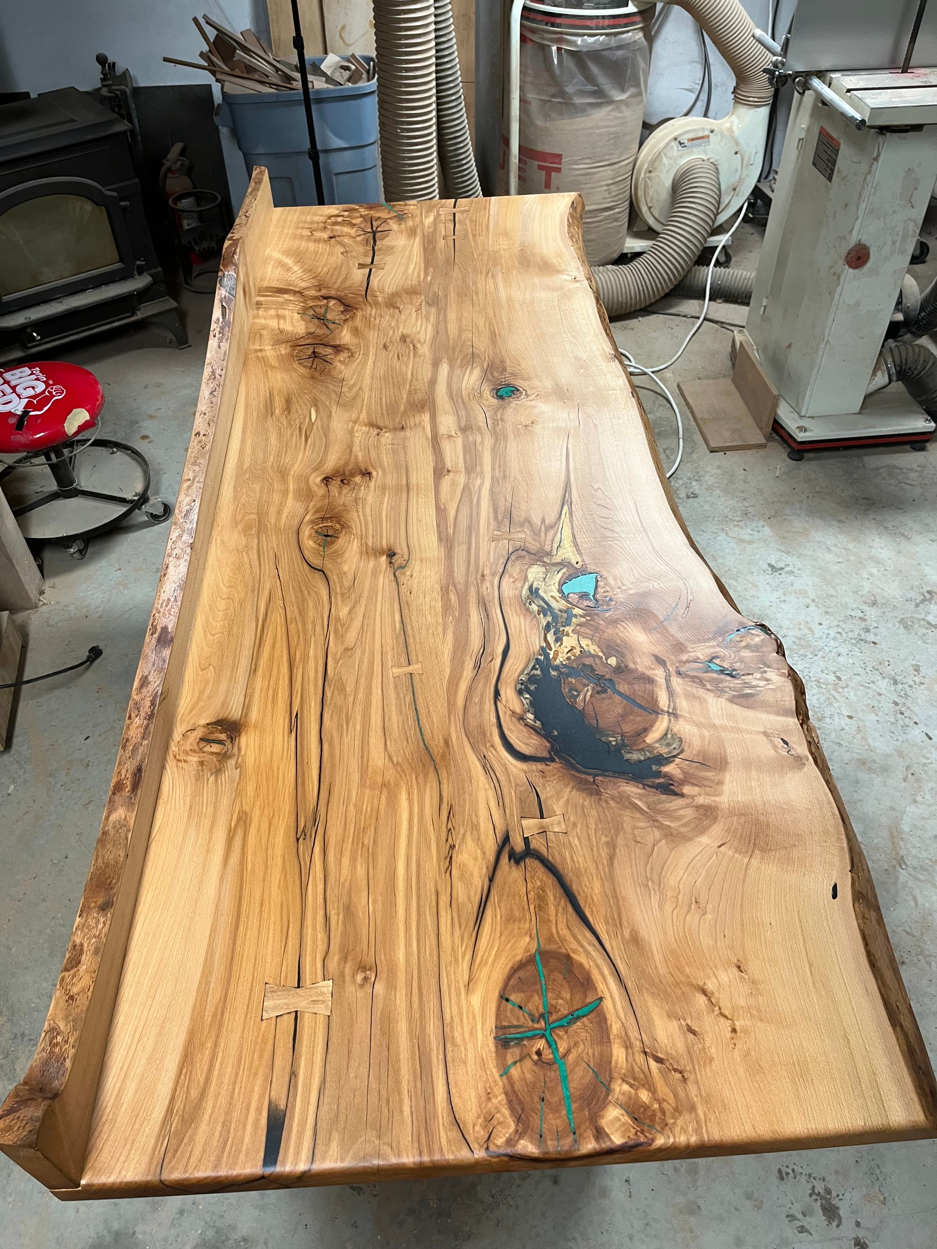 Live Edge Slab Turquoise Epoxy Bow Ties Side | Tougas Timberworks Monroe CT