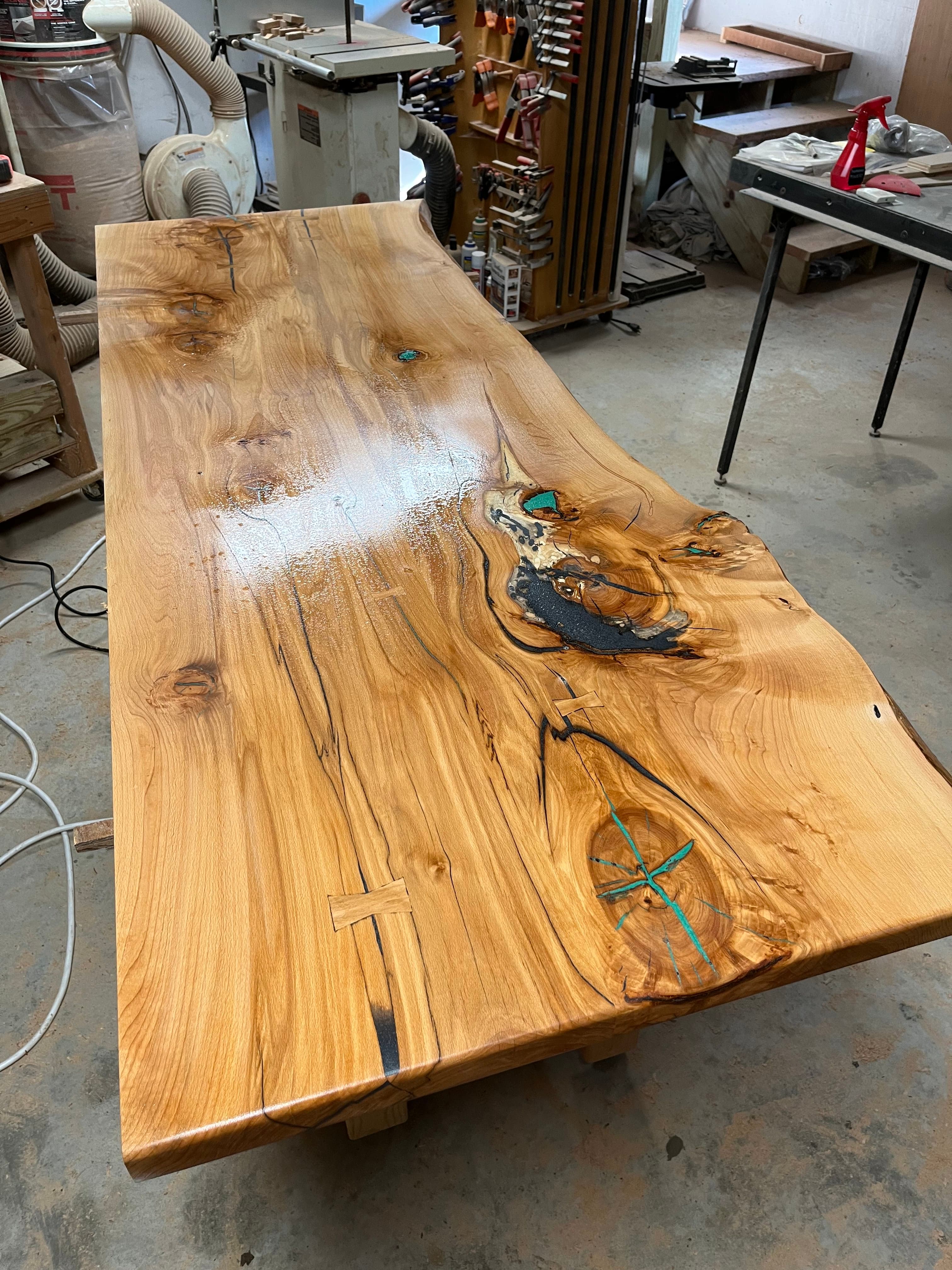 Live Edge Slab Turquoise Epoxy Bow Ties Top | Tougas Timberworks Monroe CT