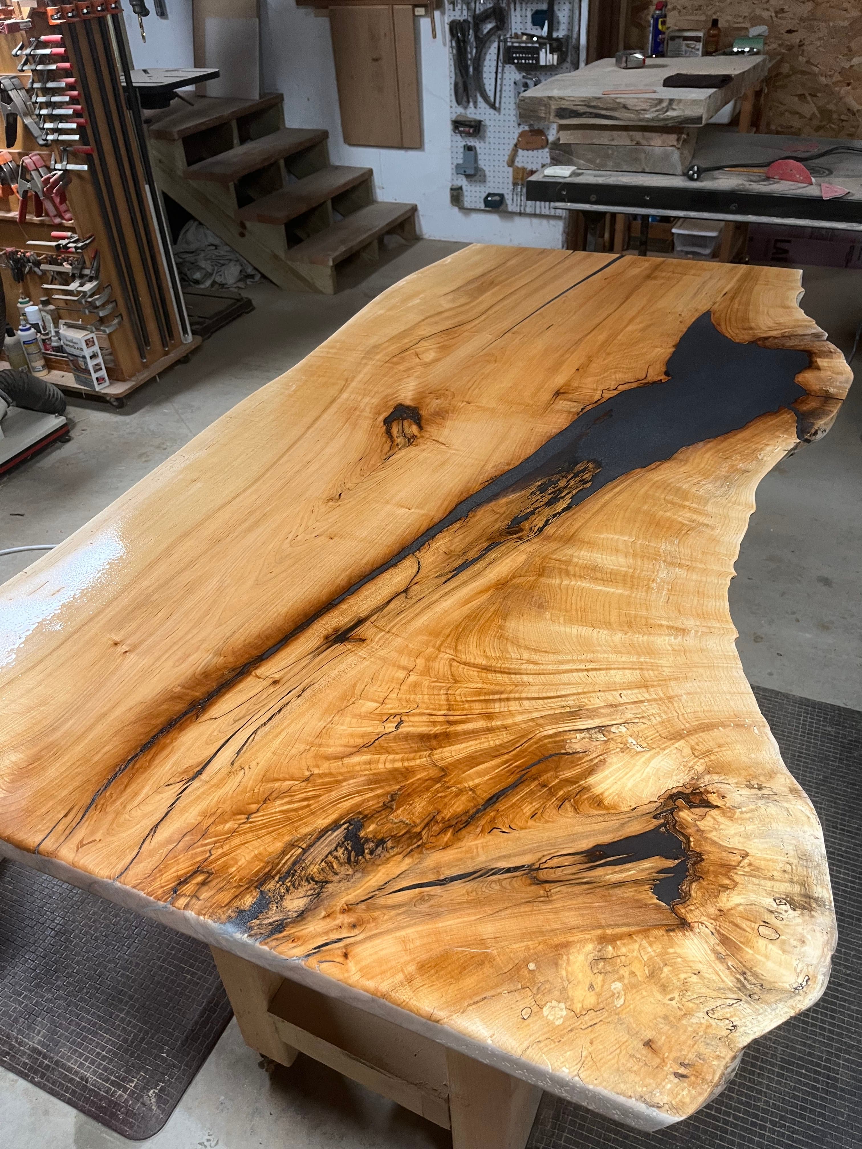 Live Edge Slab With Black Epoxy In Shop | Tougas Timberworks Monroe CT