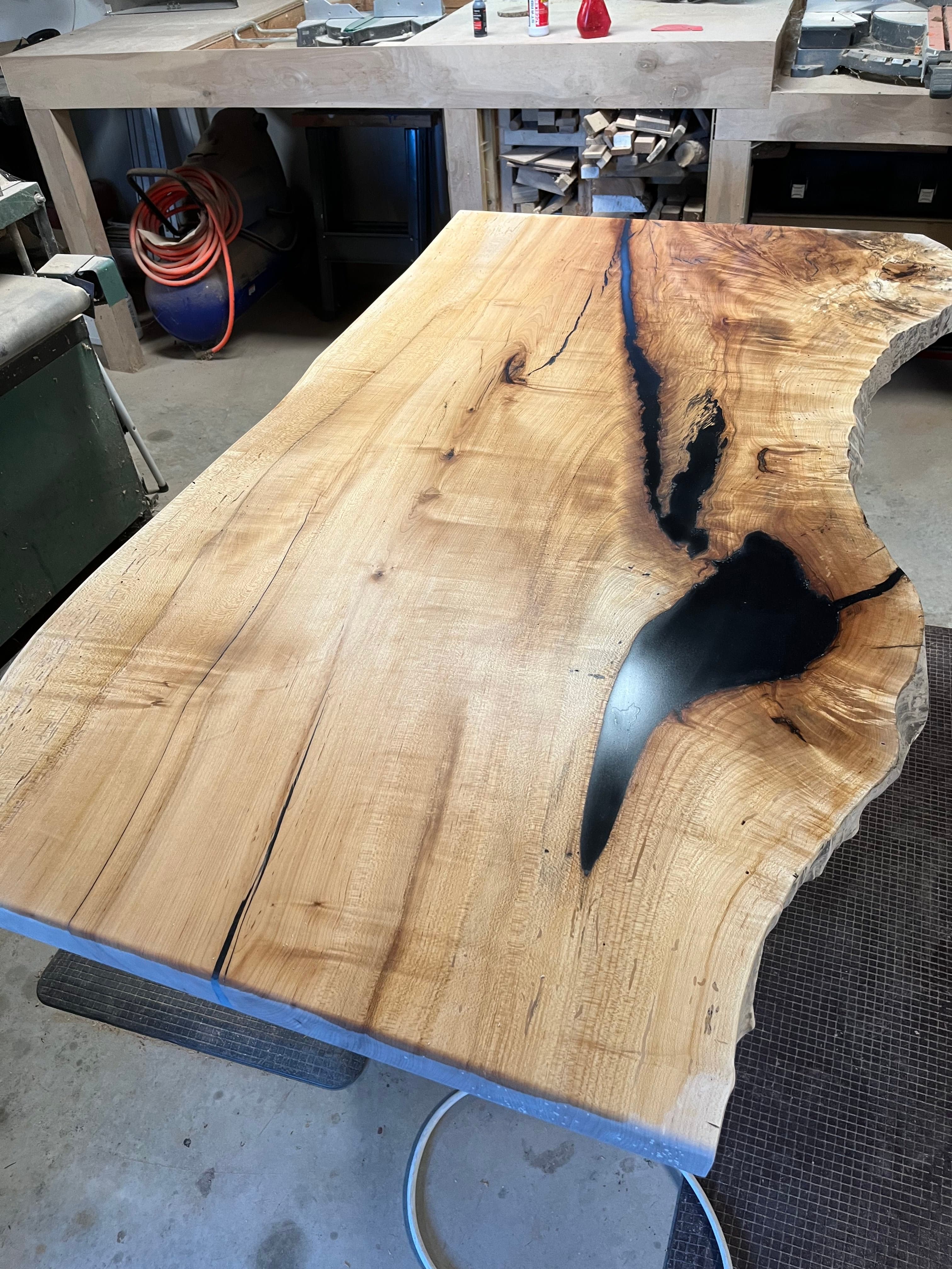 Live Edge Slab With Black Epoxy In Shop | Tougas Timberworks Monroe CT