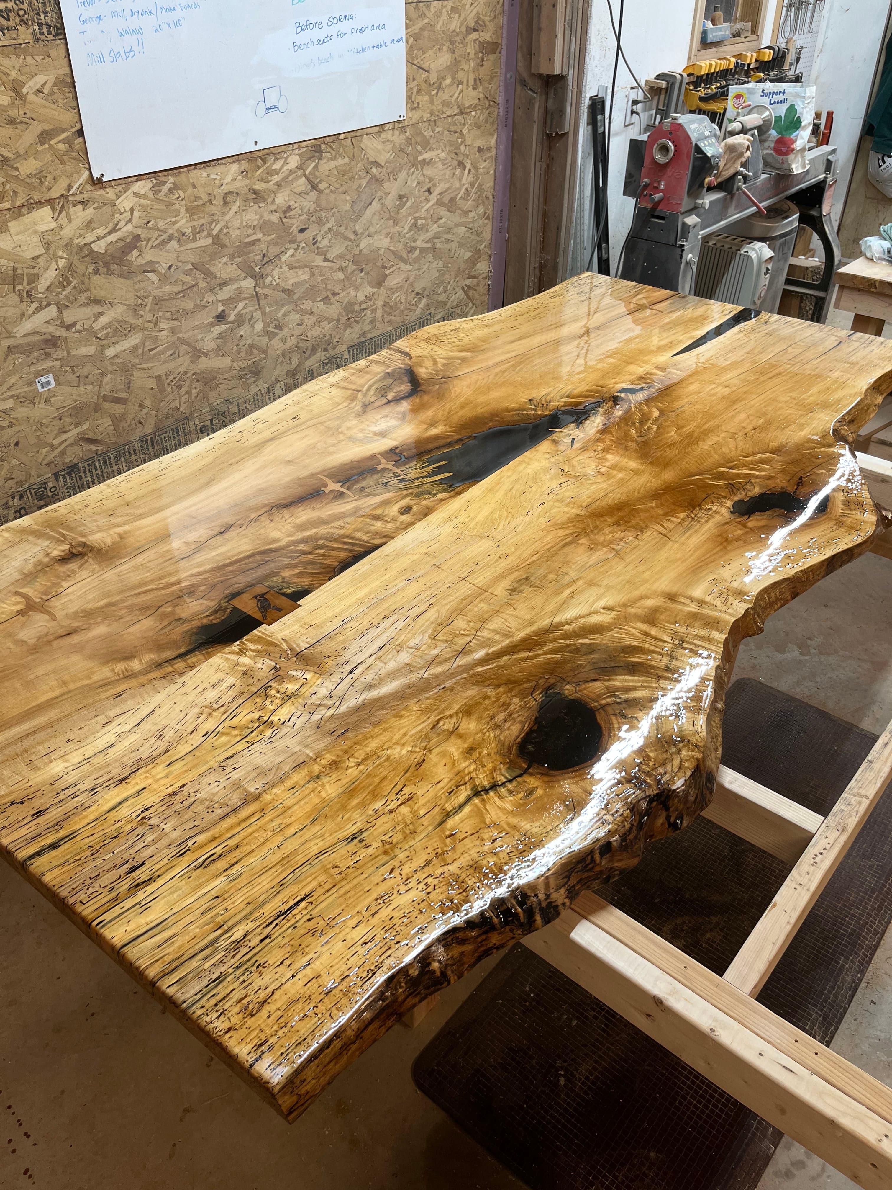 Live Edge Slab With Epoxy Fill In Shop | Tougas Timberworks Monroe CT