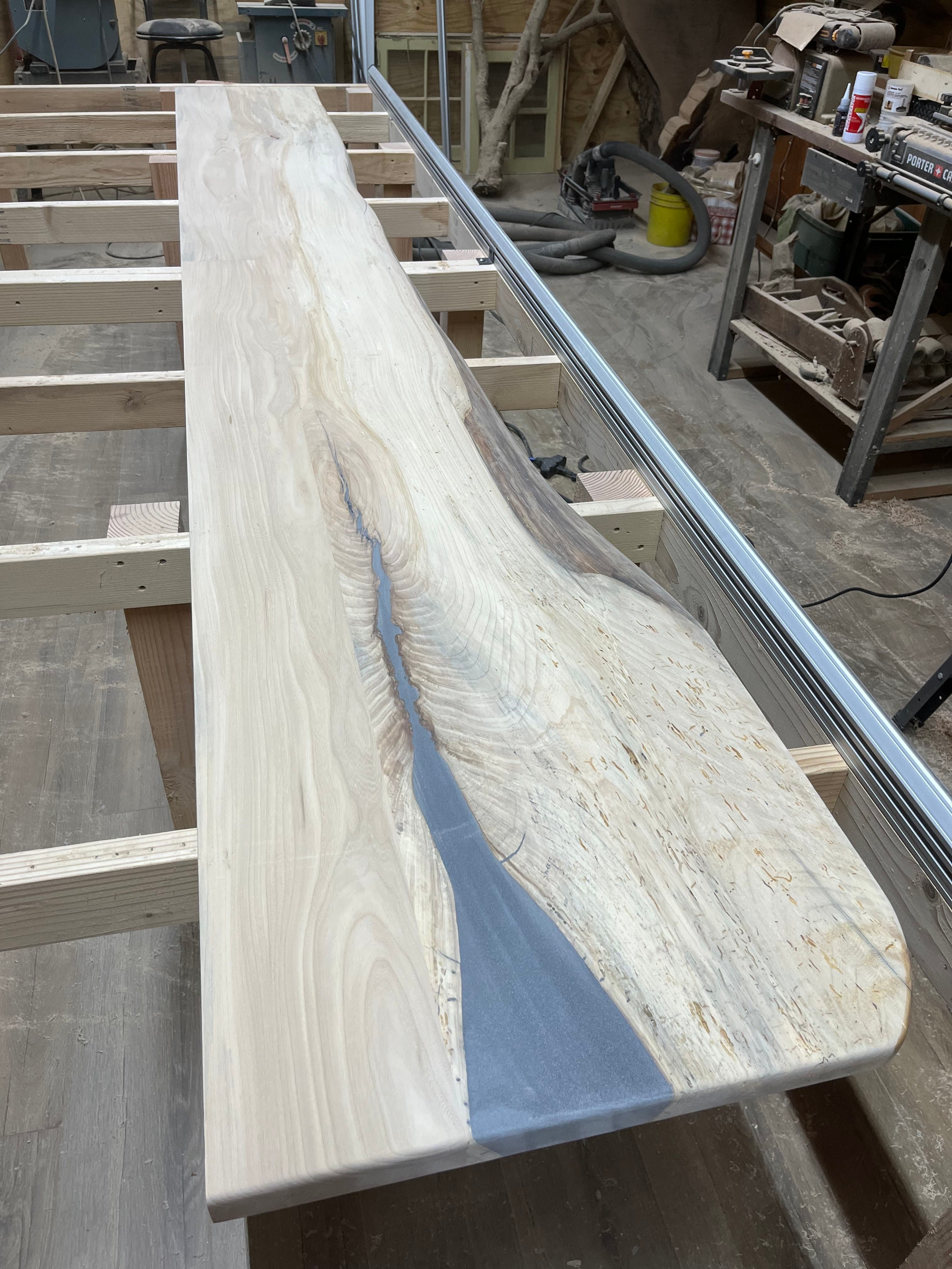 Live Edge Slab With Gray Epoxy On Router Jig | Tougas Timberworks Monroe CT