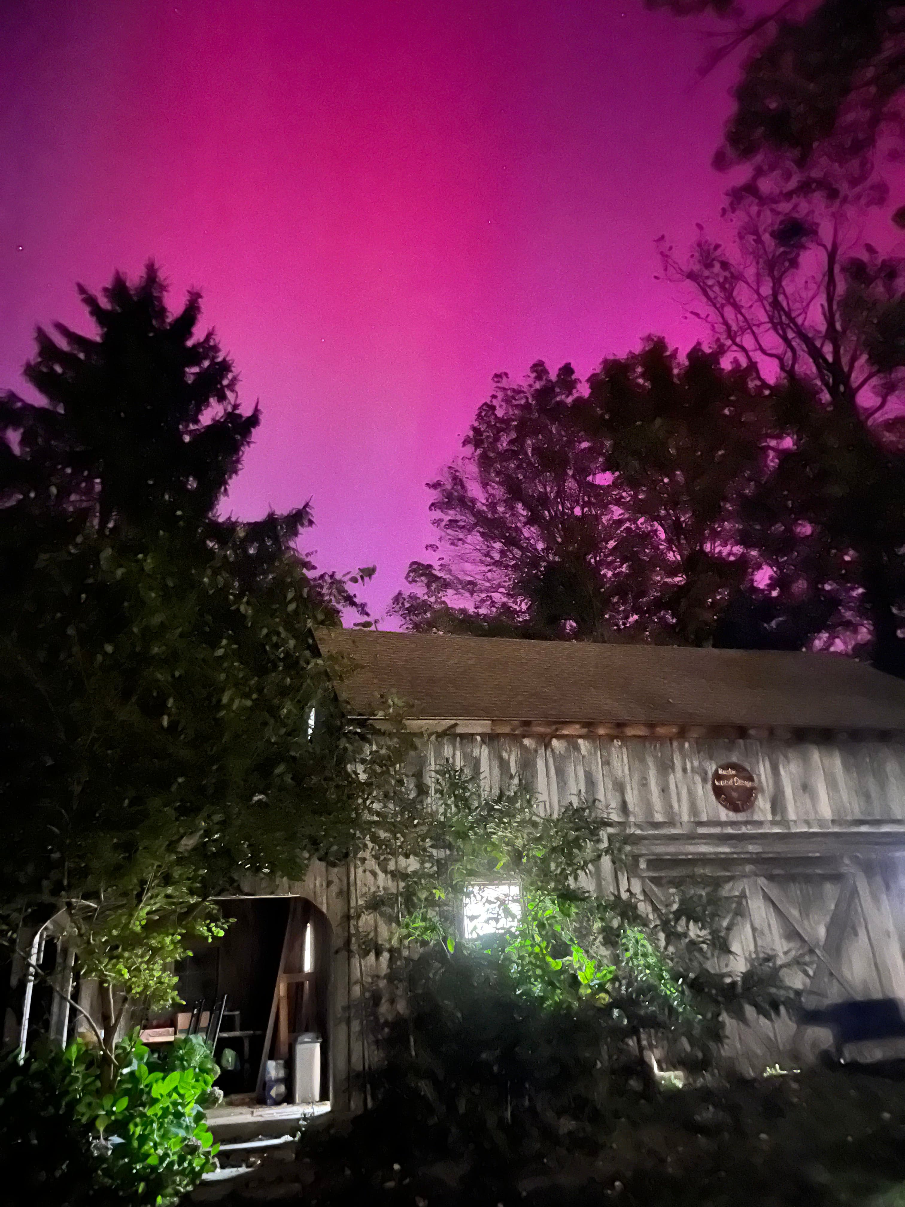 Shop Barn Exterior Night Pink Sky | Tougas Timberworks Monroe CT