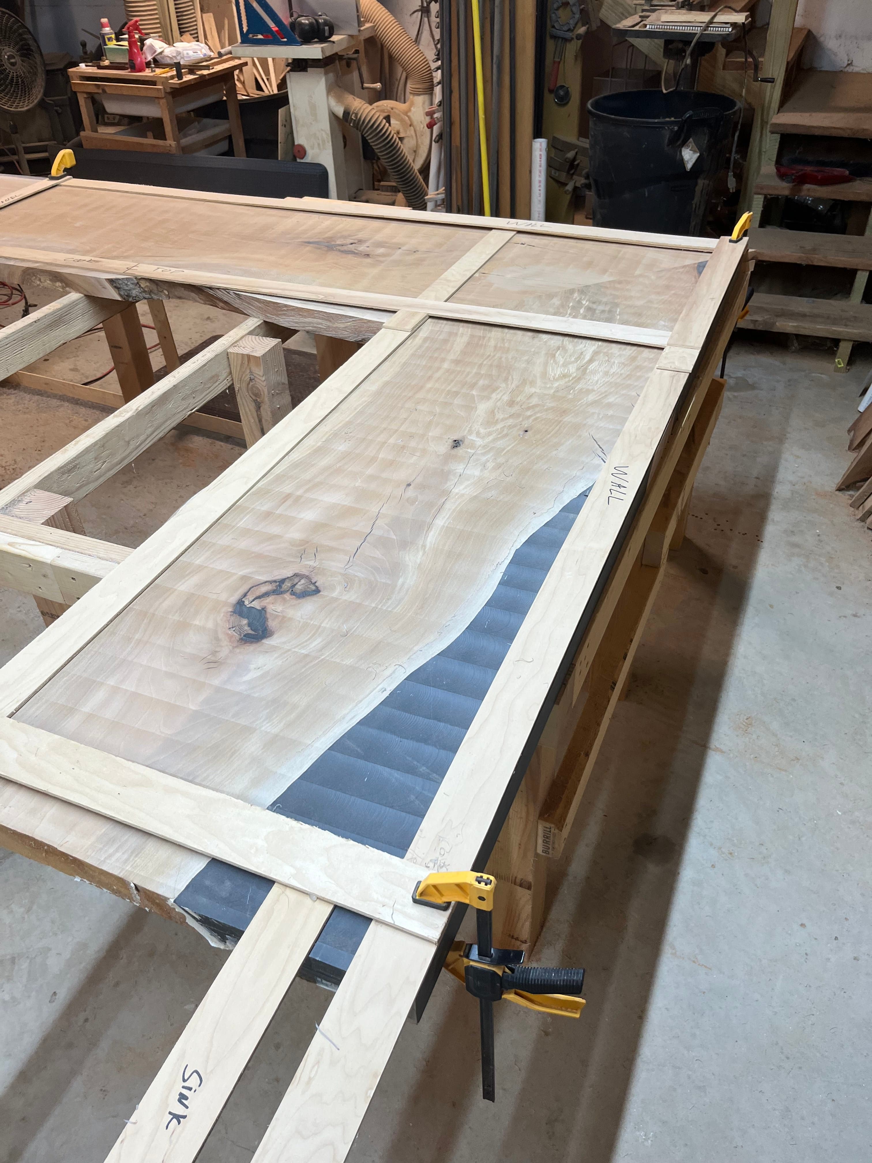 Slab On Sawhorse In Shop With Layout Marks | Tougas Timberworks Monroe CT