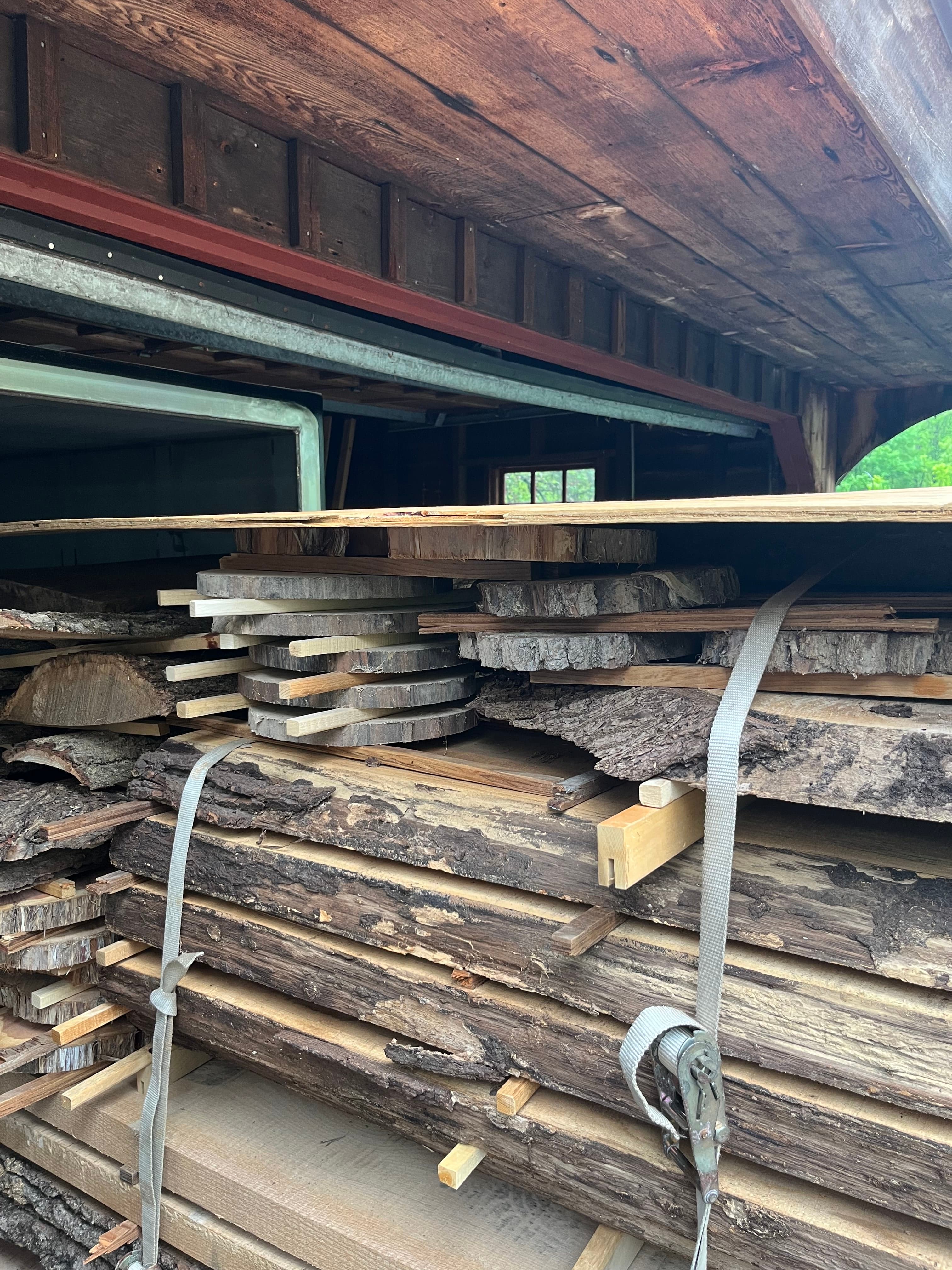 Slabs And Log On Kiln Cart Closeup | Tougas Timberworks Monroe CT