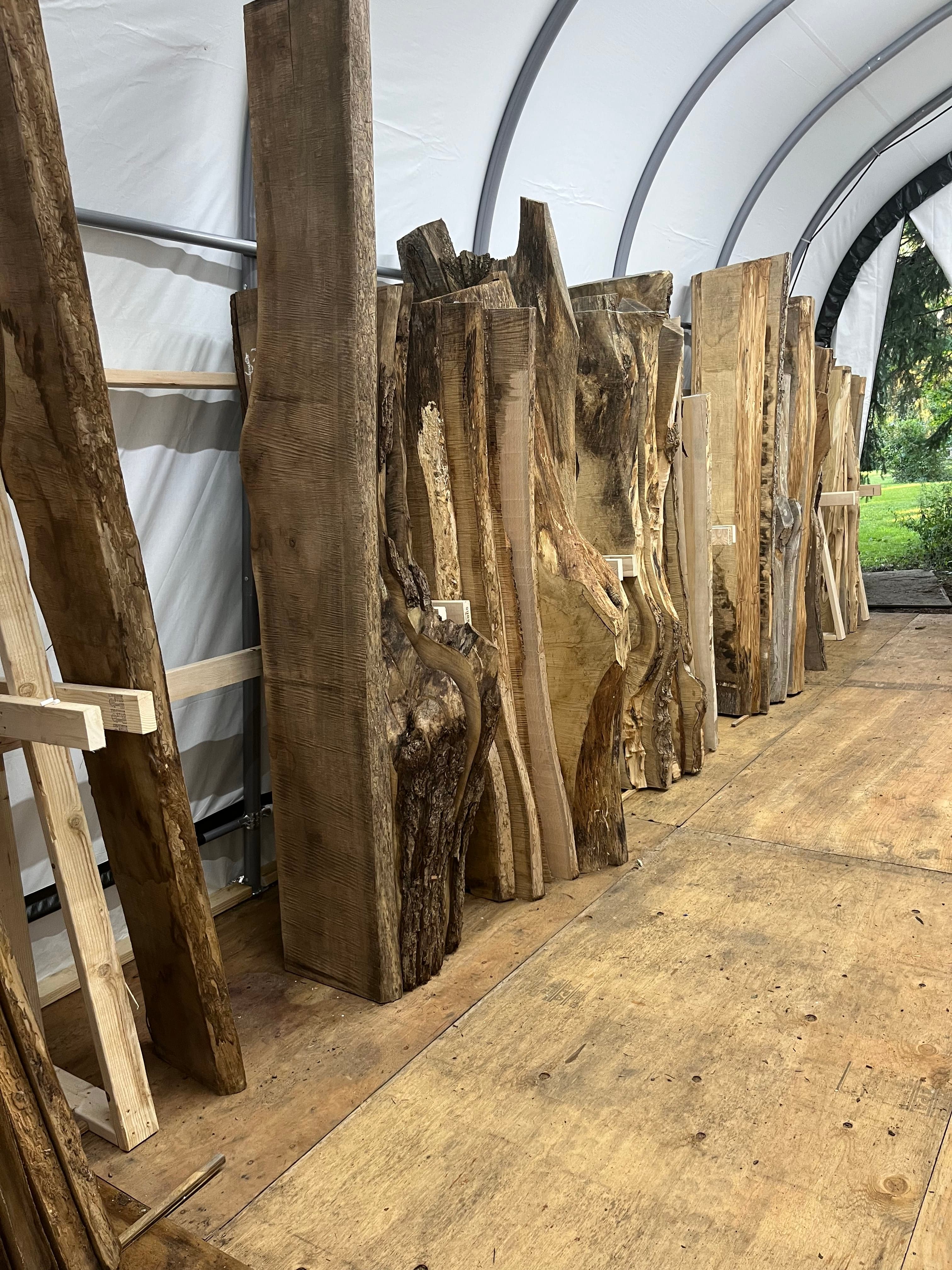 Slabs In Tent Storage With Stickers | Tougas Timberworks Monroe CT