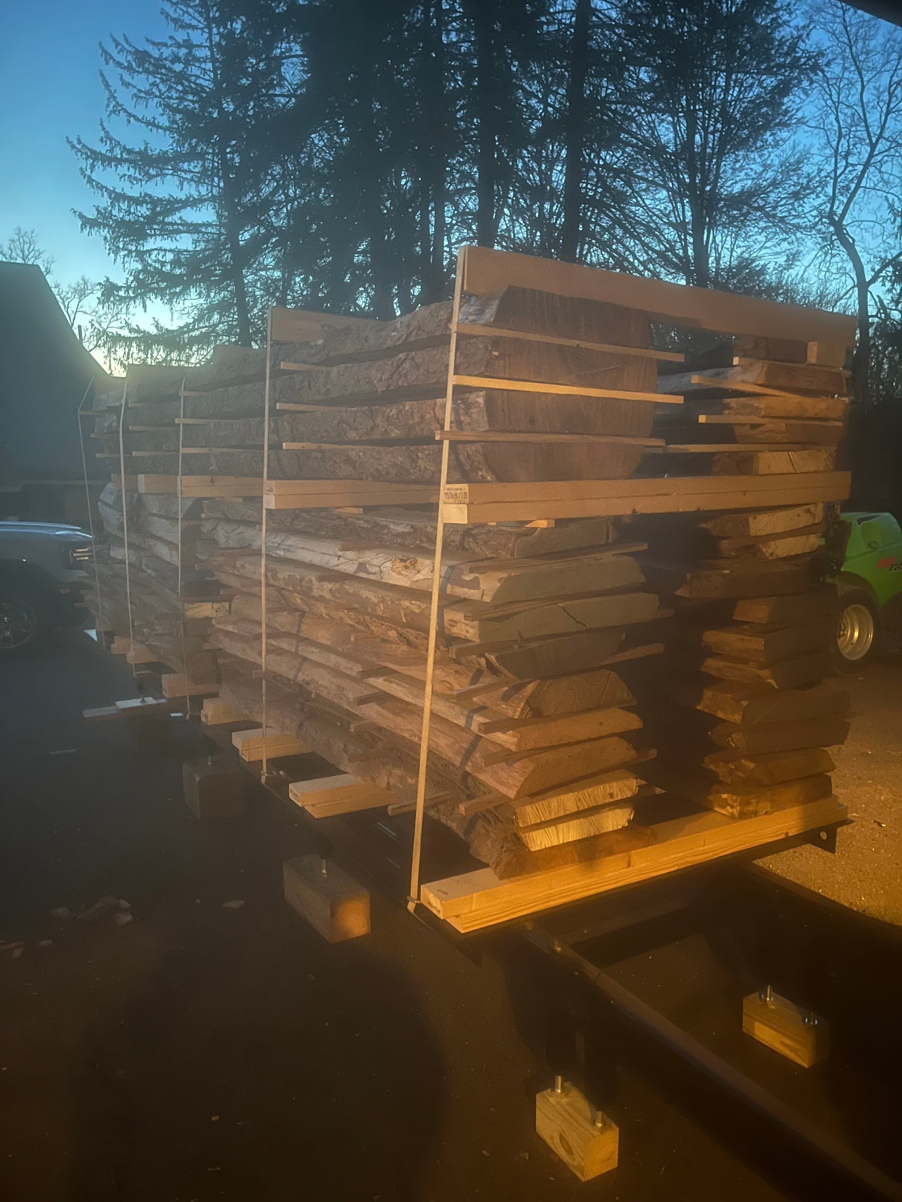 Slabs On Kiln Cart At Dusk | Tougas Timberworks Monroe CT