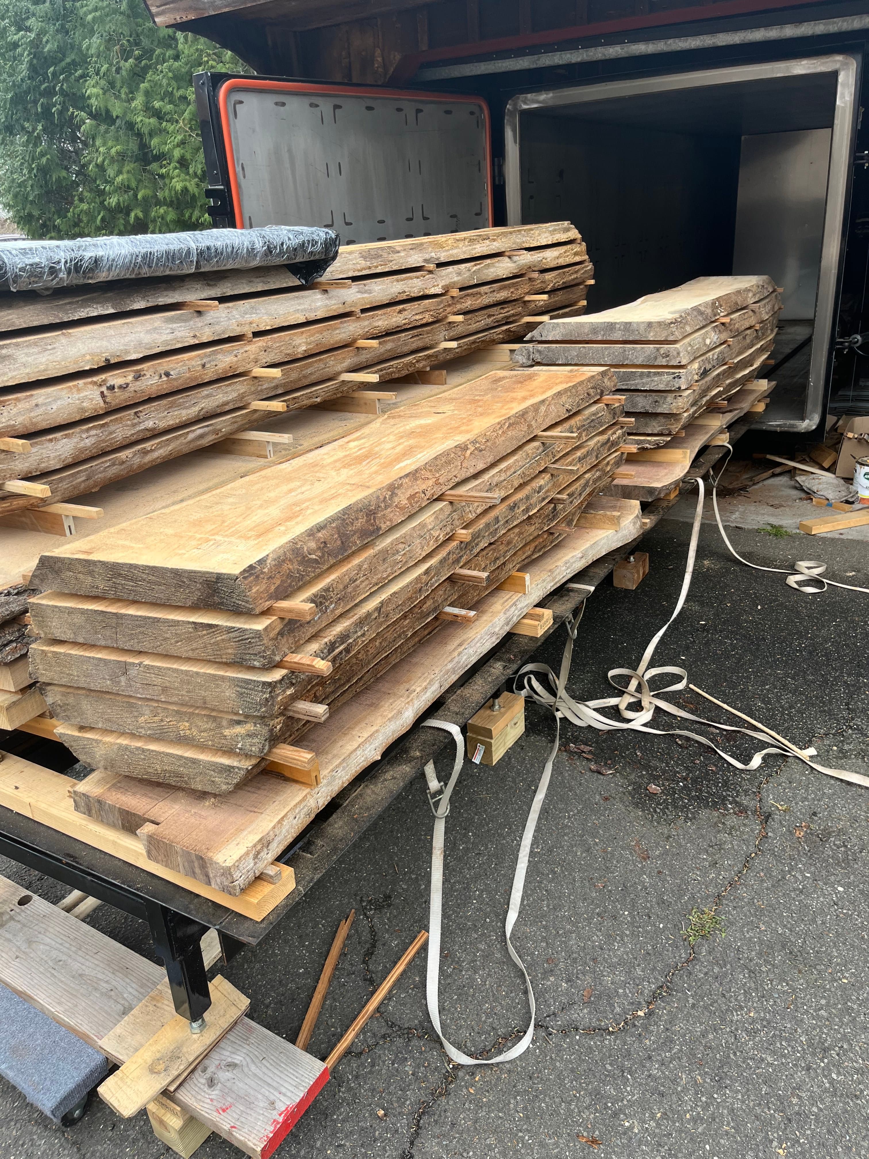 Slabs On Kiln Cart End View | Tougas Timberworks Monroe CT