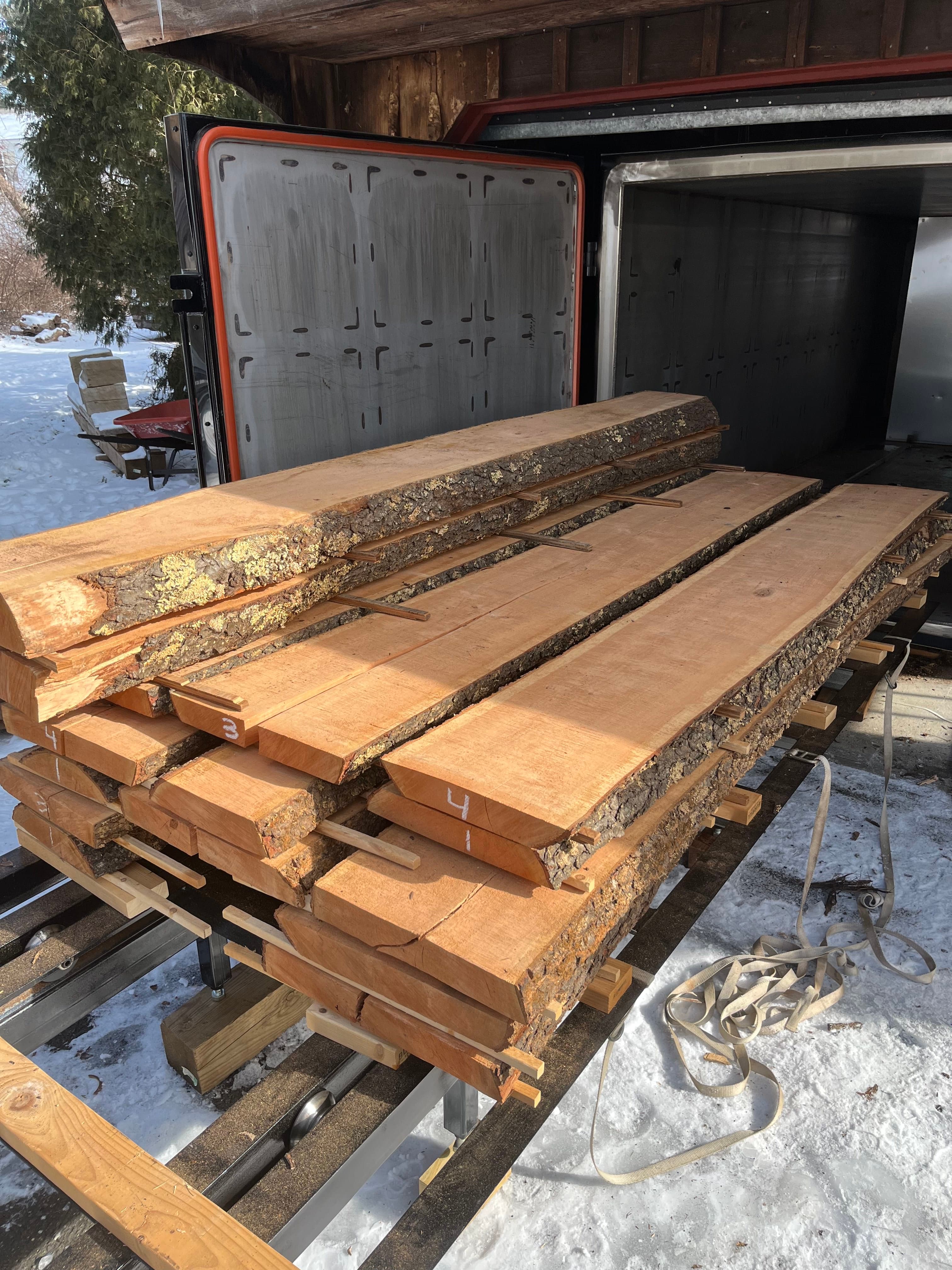 Slabs On Kiln Cart In Snow | Tougas Timberworks Monroe CT
