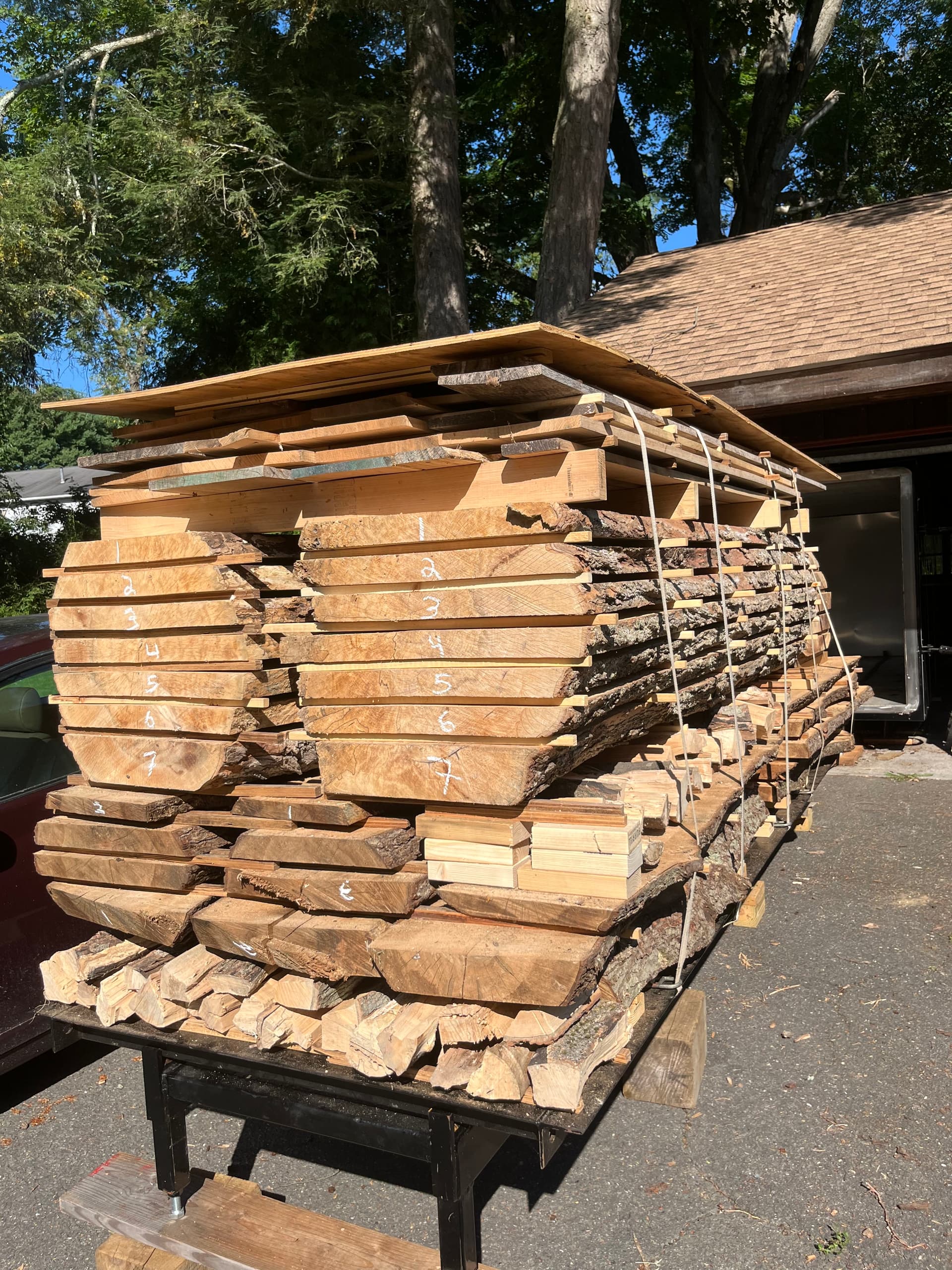 Kiln cart with labeled lumber bundles, slabs stacked with species tags visible