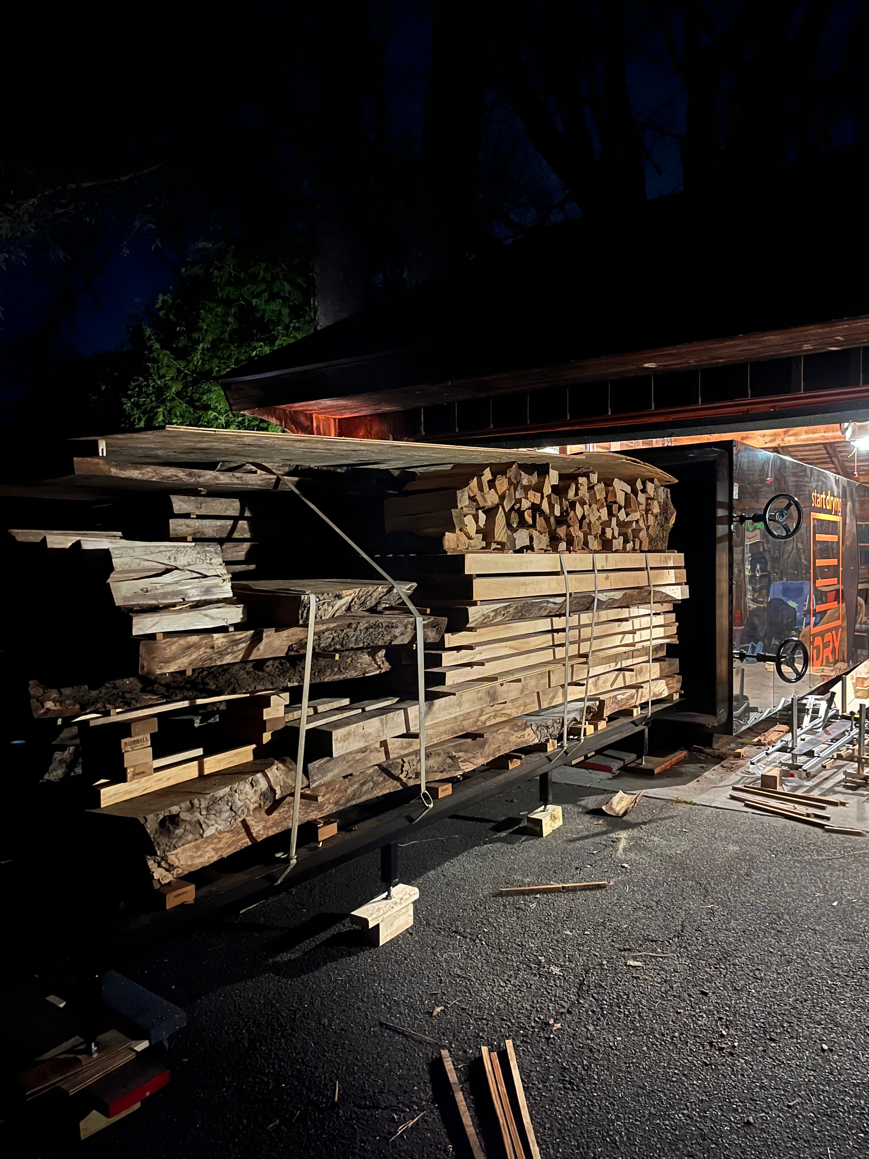 Slabs On Kiln Cart Loaded At Night Overhead | Tougas Timberworks Monroe CT