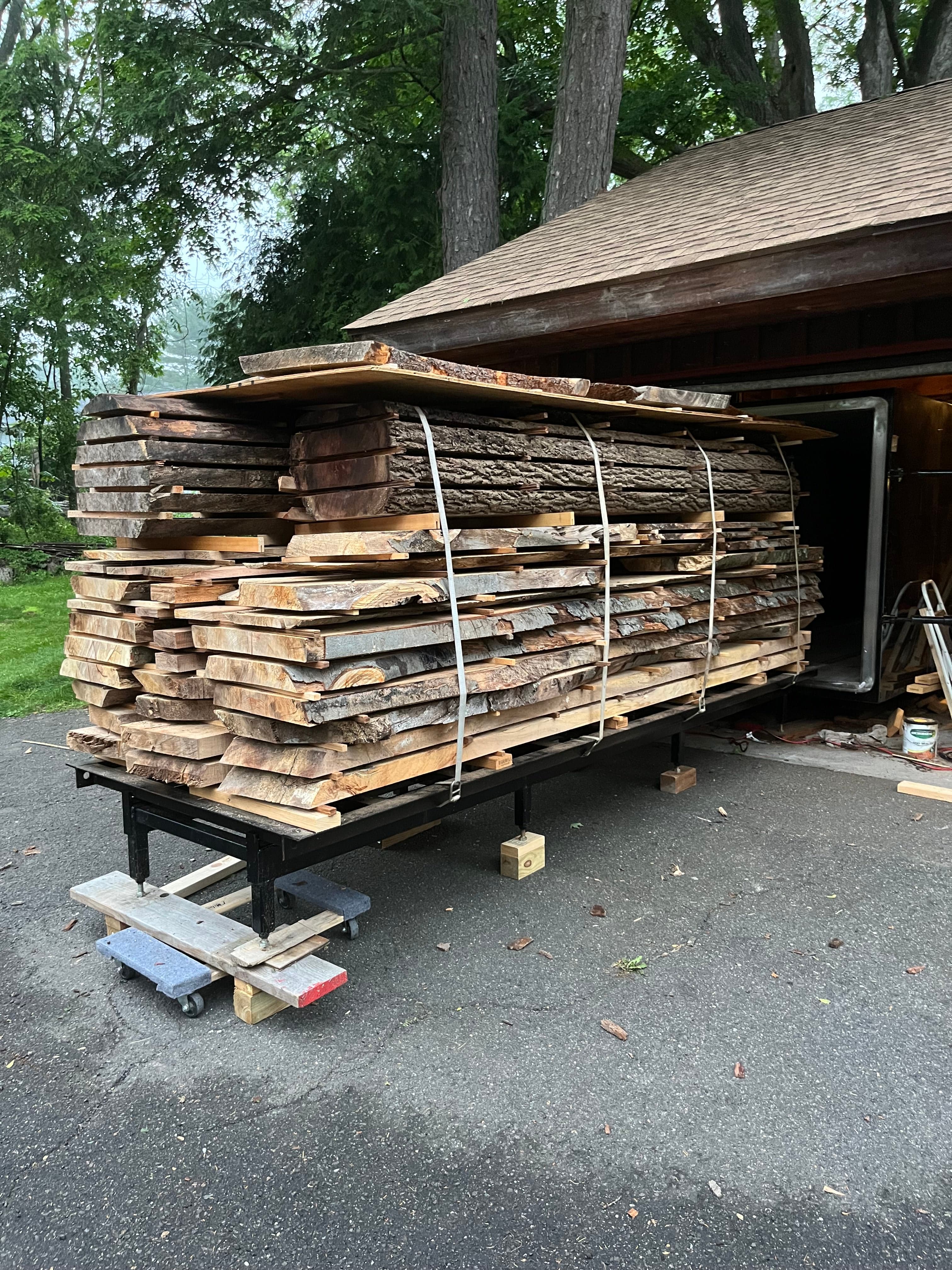 Slabs On Kiln Cart Pulled Out Daytime | Tougas Timberworks Monroe CT