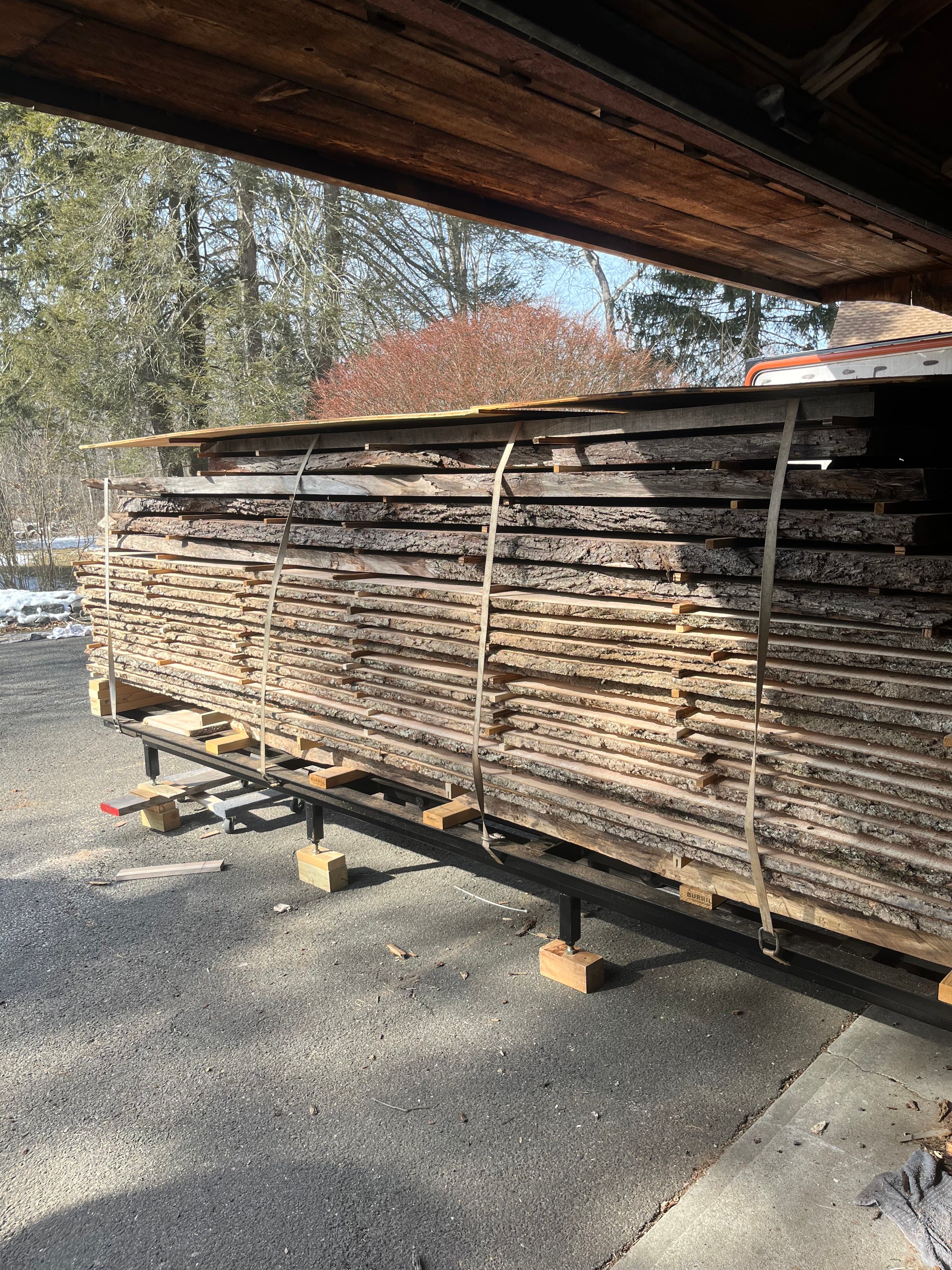 Slabs On Kiln Cart Side View Spring | Tougas Timberworks Monroe CT