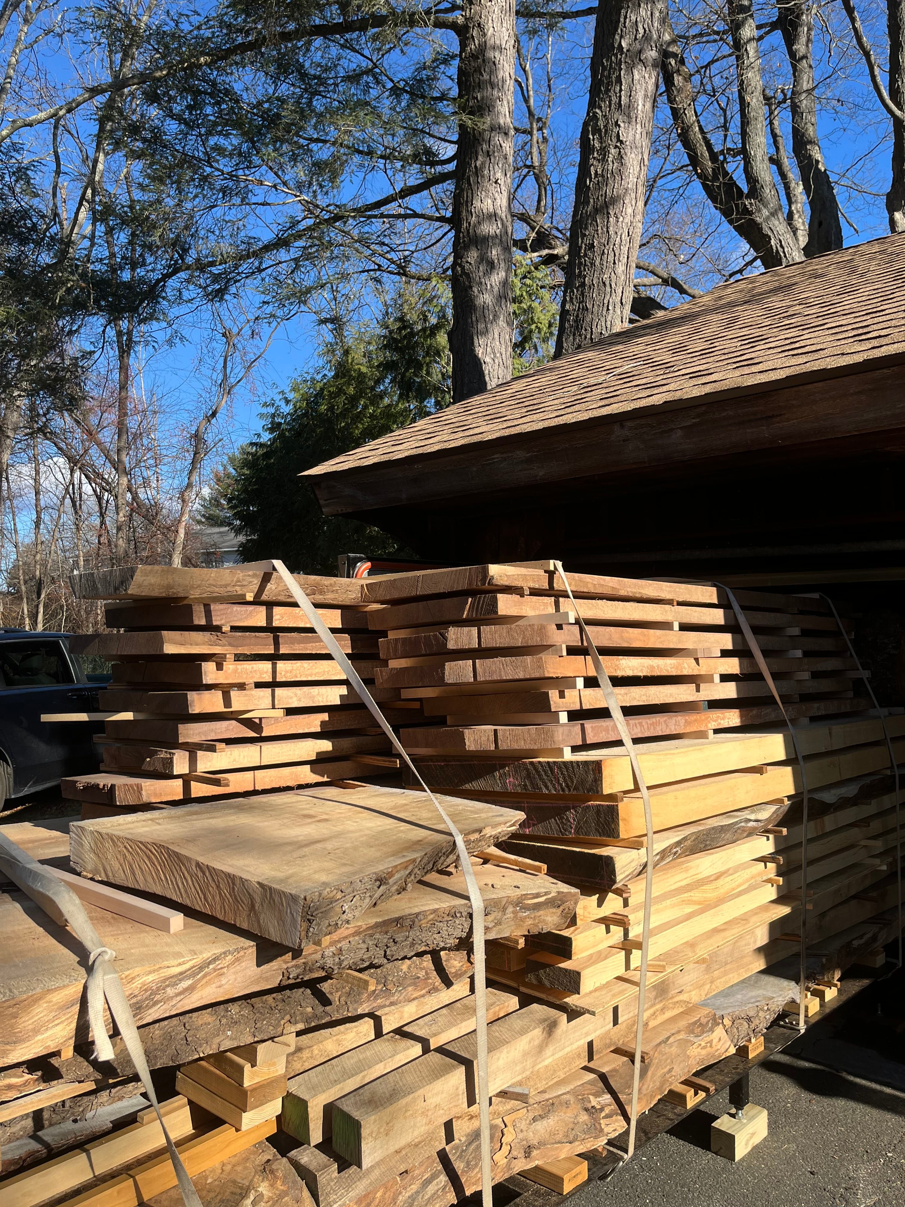 Slabs On Kiln Cart Spring Daytime | Tougas Timberworks Monroe CT