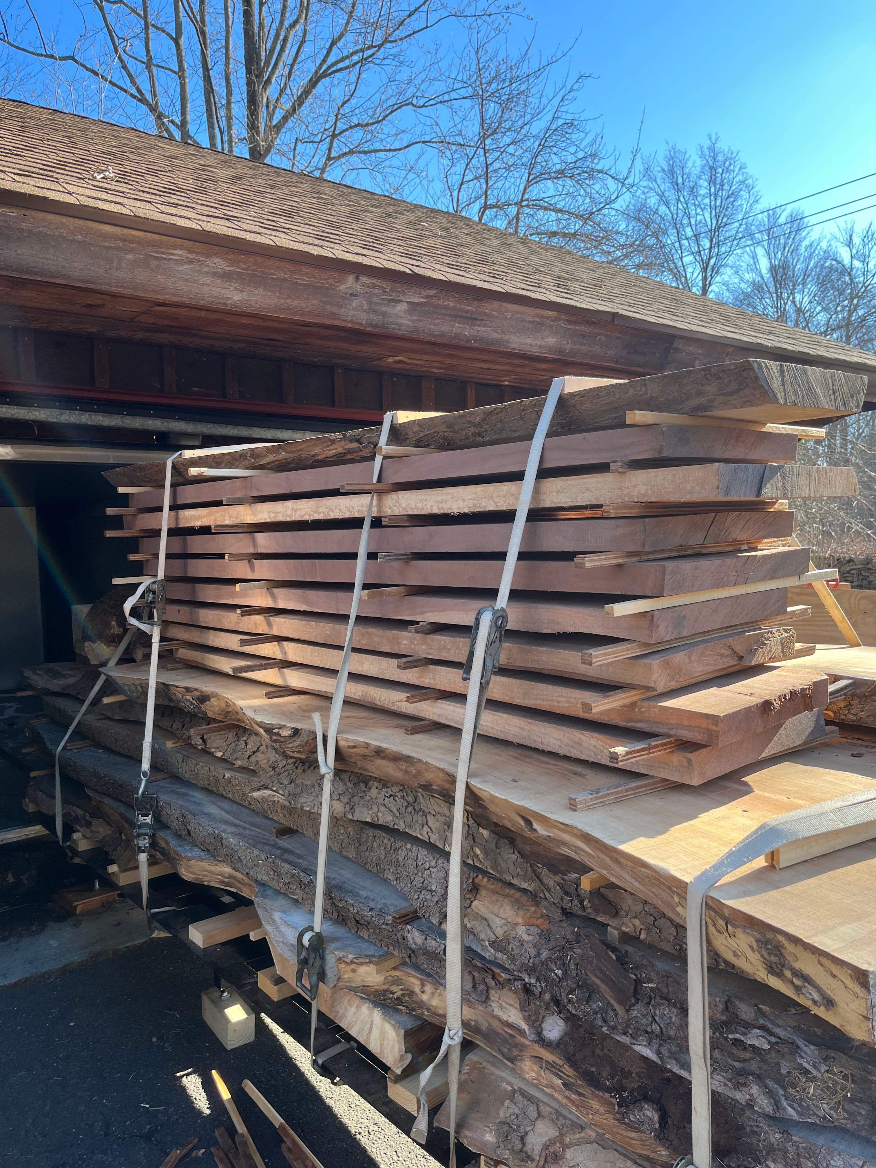 Slabs On Kiln Cart Spring Daytime | Tougas Timberworks Monroe CT
