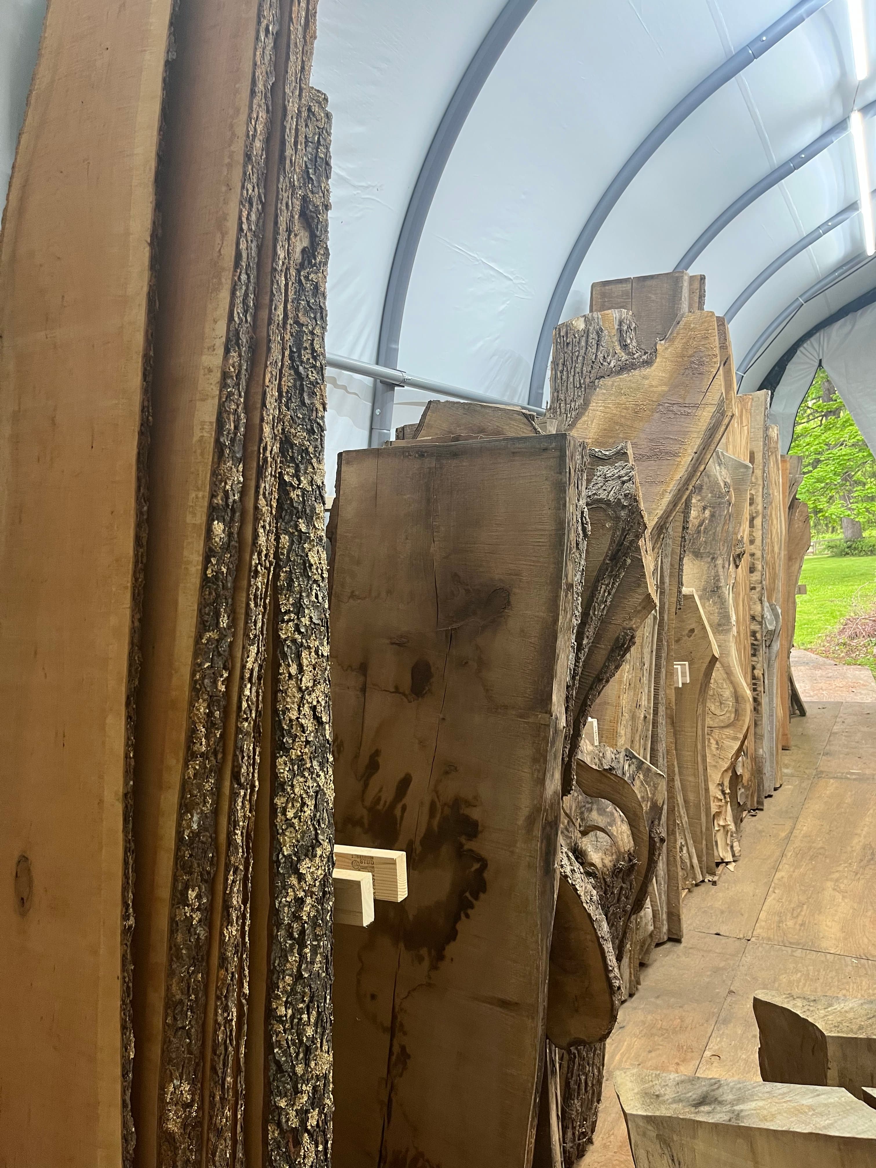 Slabs Stacked In Tent End View | Tougas Timberworks Monroe CT
