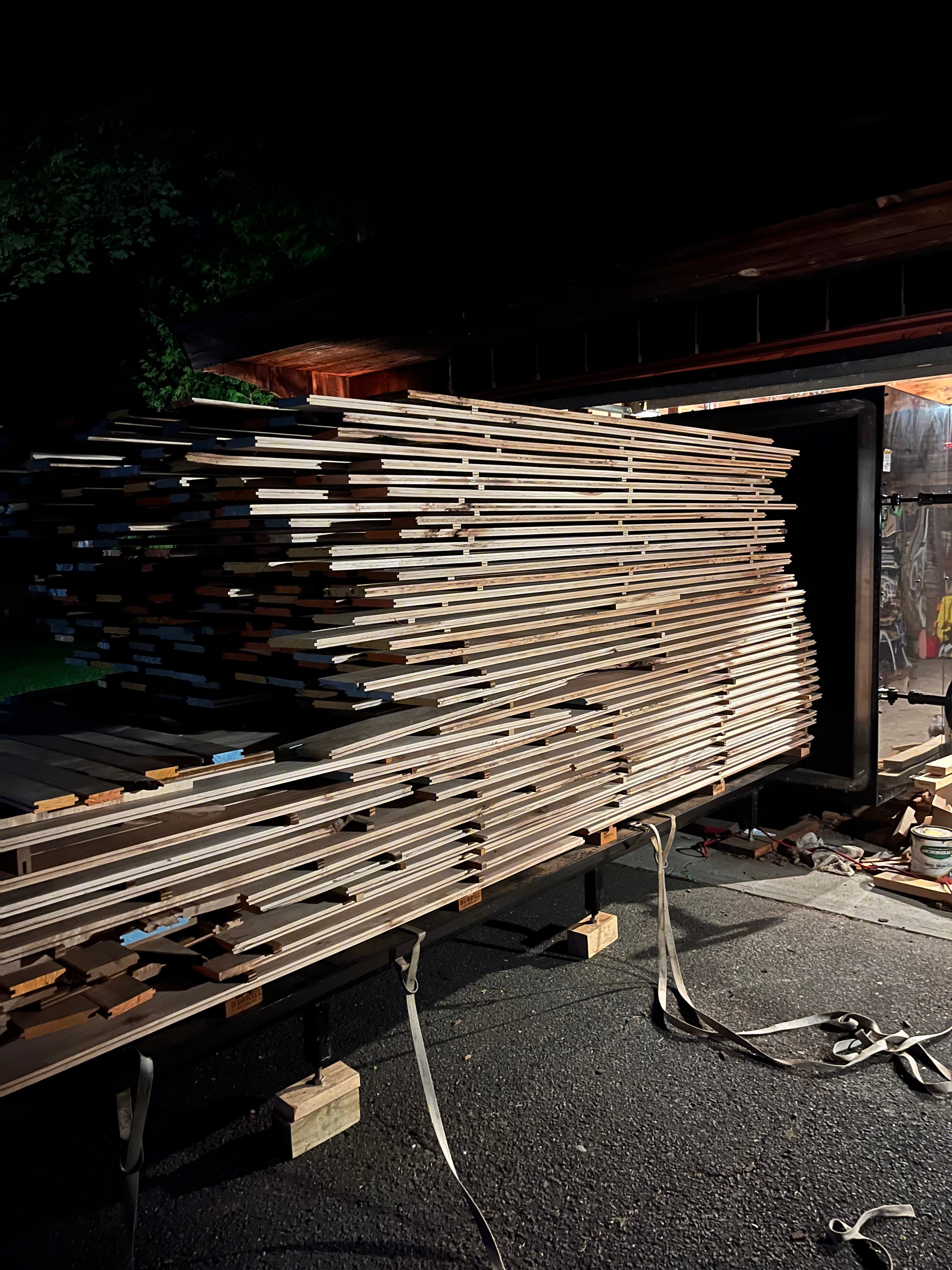 Square Stock On Kiln Cart At Night | Tougas Timberworks Monroe CT