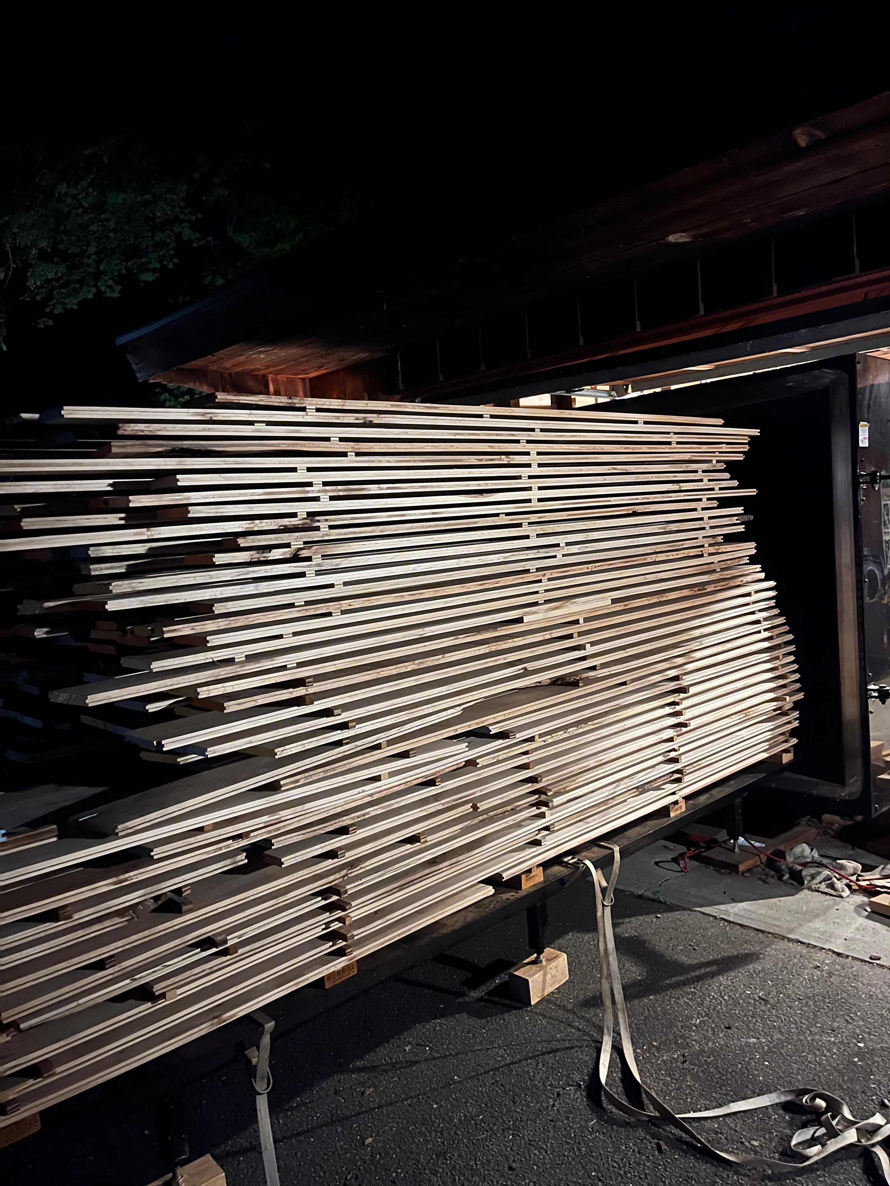 Square Stock On Kiln Cart At Night | Tougas Timberworks Monroe CT