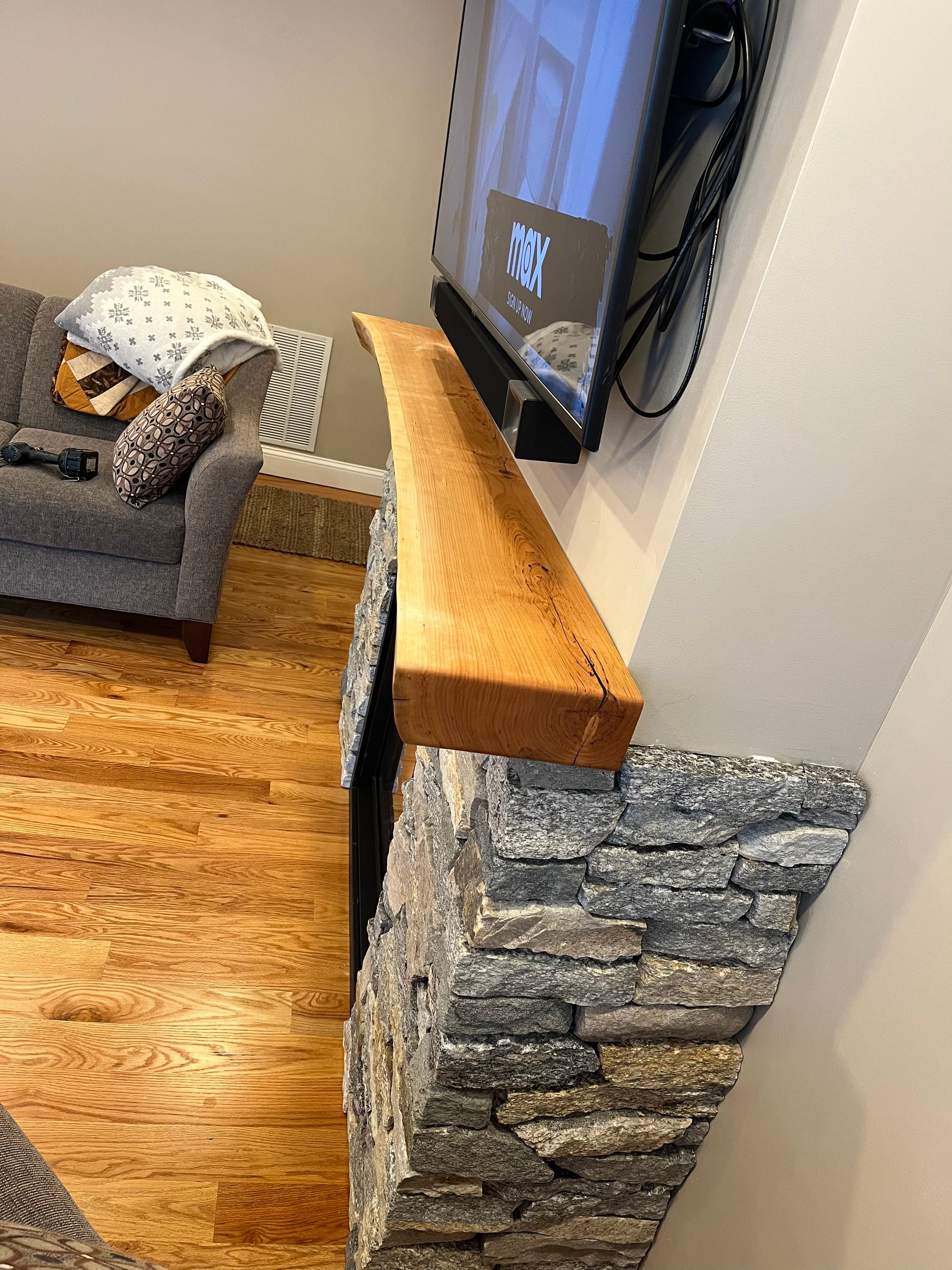 Stone Fireplace Live Edge Mantel Lit | Tougas Timberworks Monroe CT