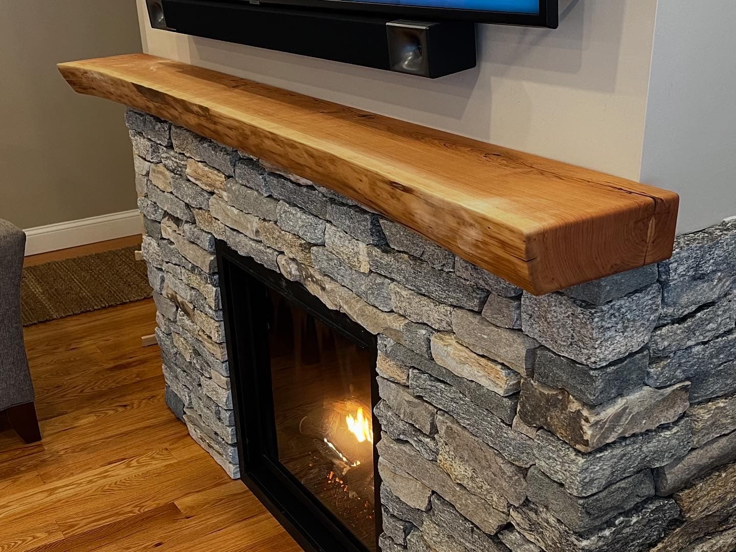 Stone Fireplace With Live Edge Mantel | Tougas Timberworks Monroe CT