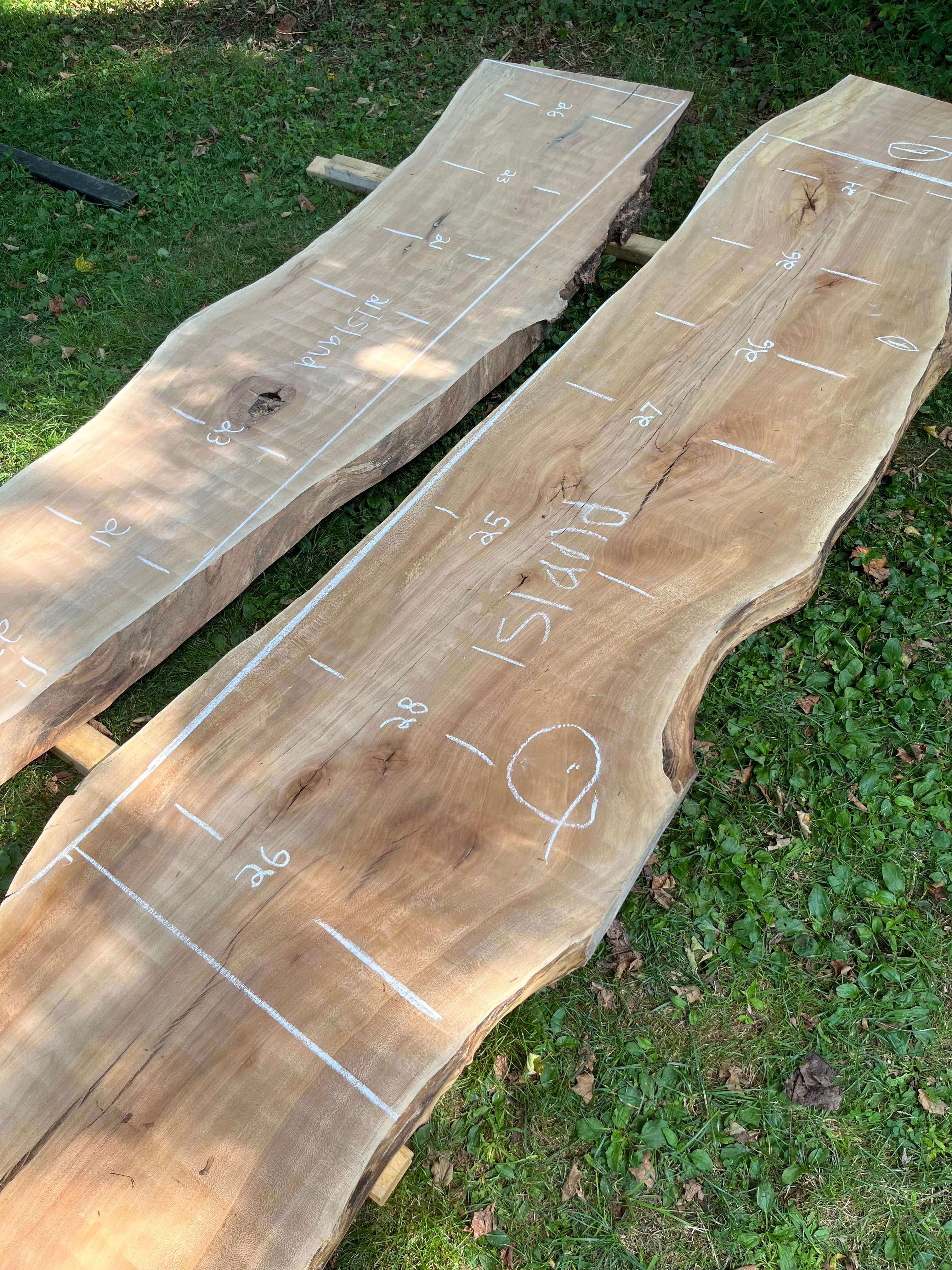 Two Live Edge Slabs Chalk Measured On Grass | Tougas Timberworks Monroe CT