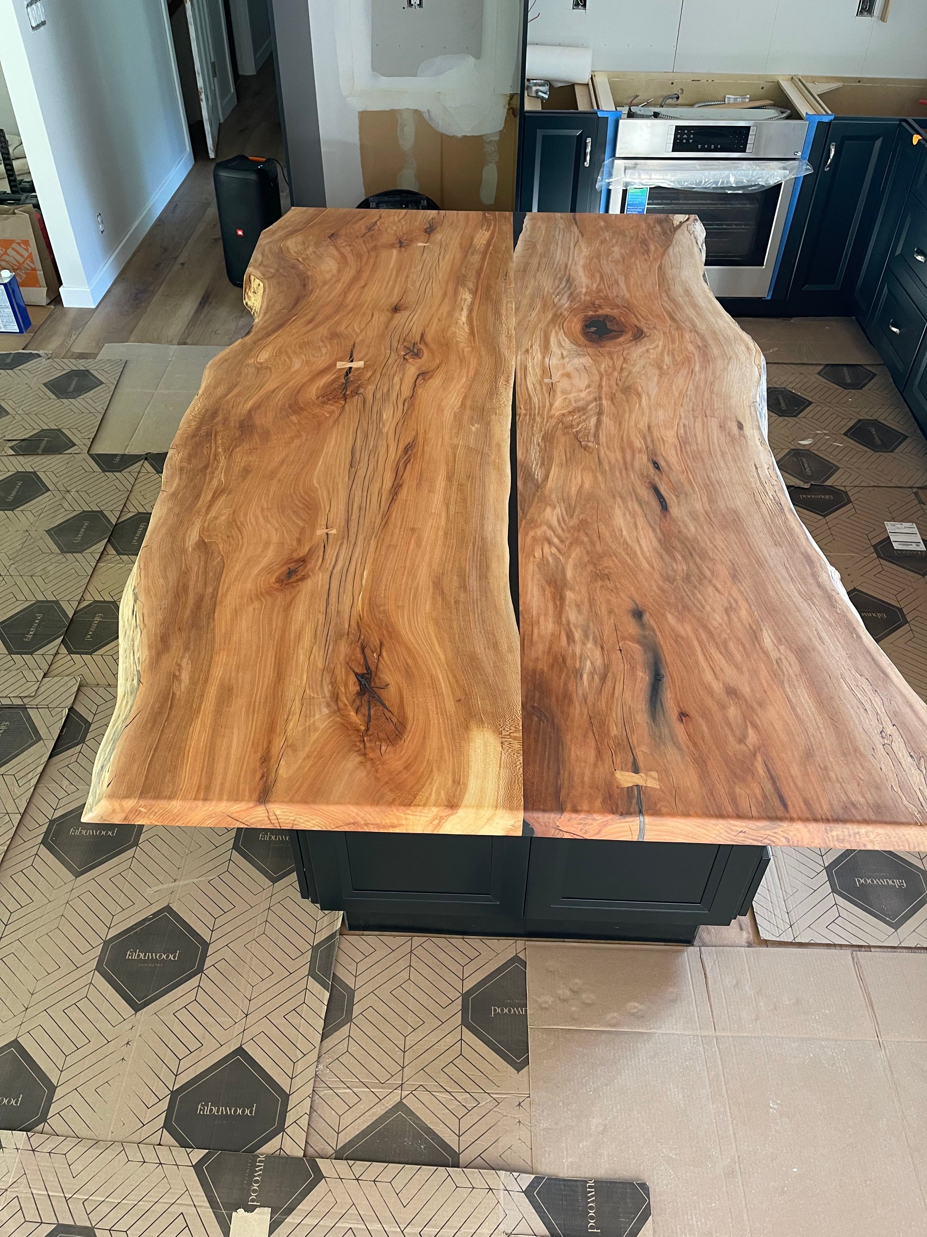 Two Live Edge Slabs Countertop Being Installed | Tougas Timberworks Monroe CT