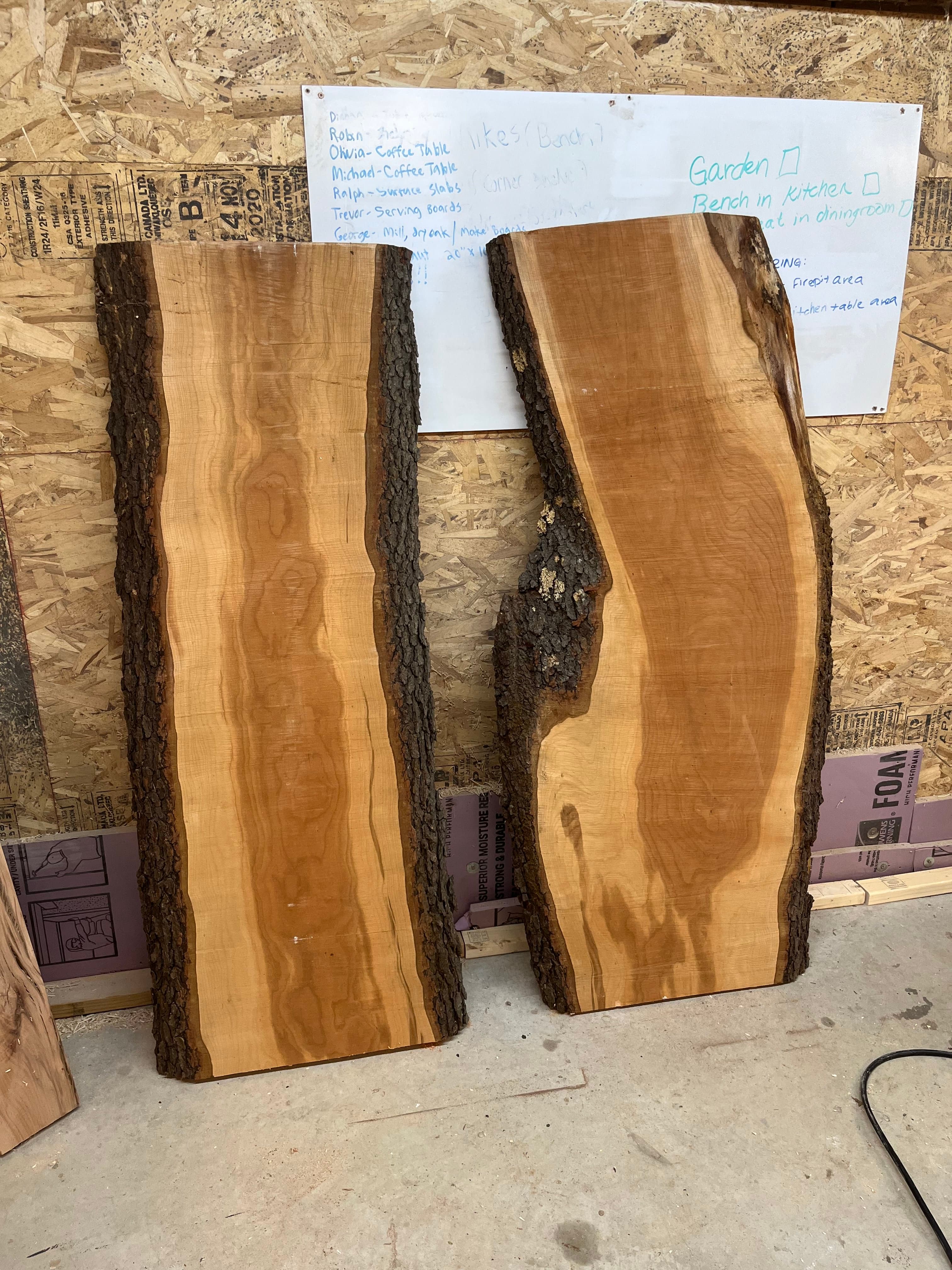 Two Live Edge Slabs With Bark In Shop | Tougas Timberworks Monroe CT